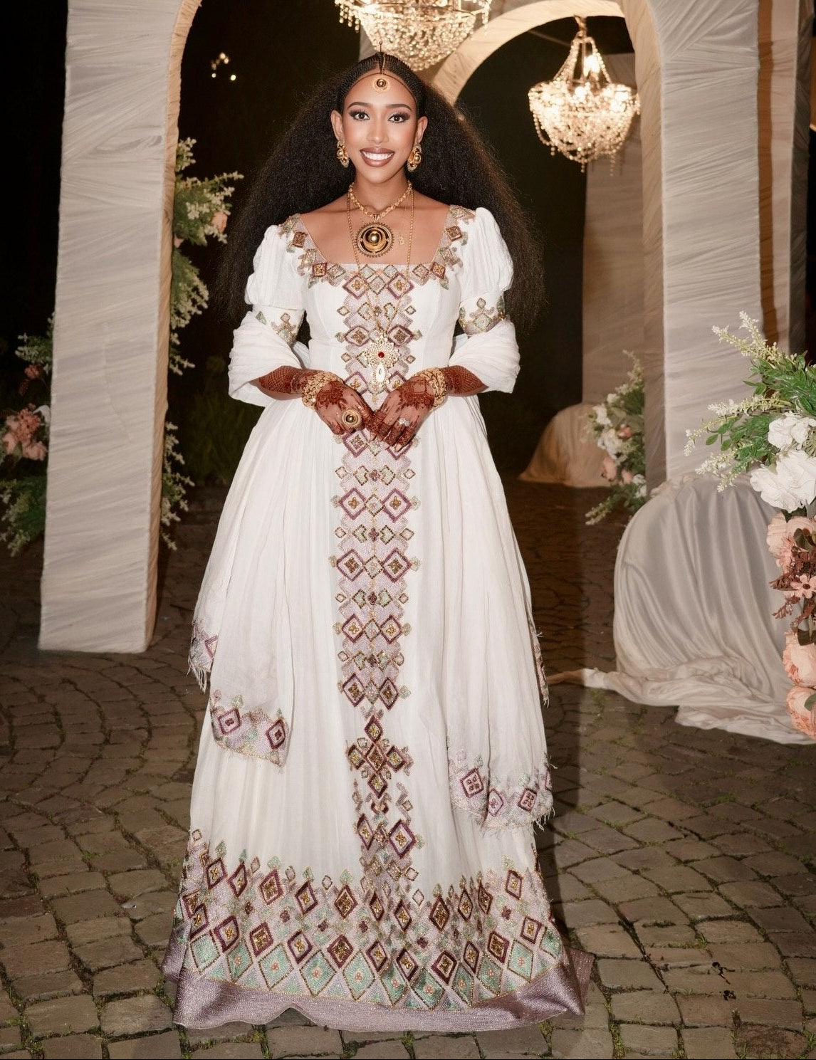 Enchanting Dusty Rose and Mint Geometric Diamond Habesha Dress Luxury Ethiopian Clothing Detailing 1008