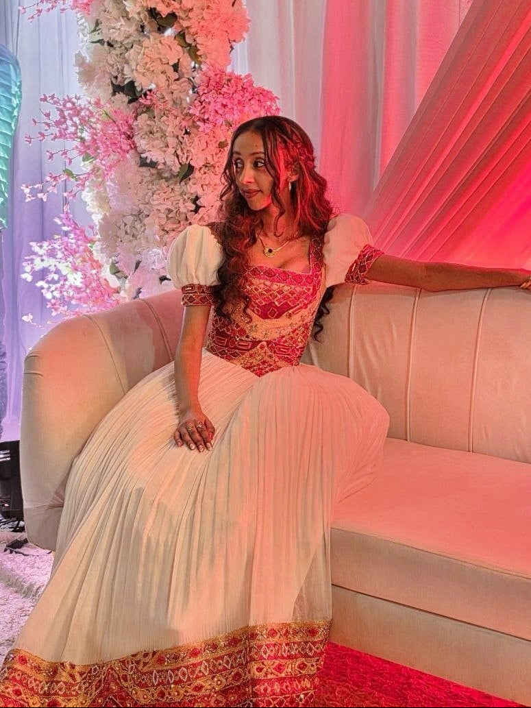 Luxury Ethiopian Wedding Dress Collection Coral Red & Gold Lattice Habesha Dress For Wedding 1009