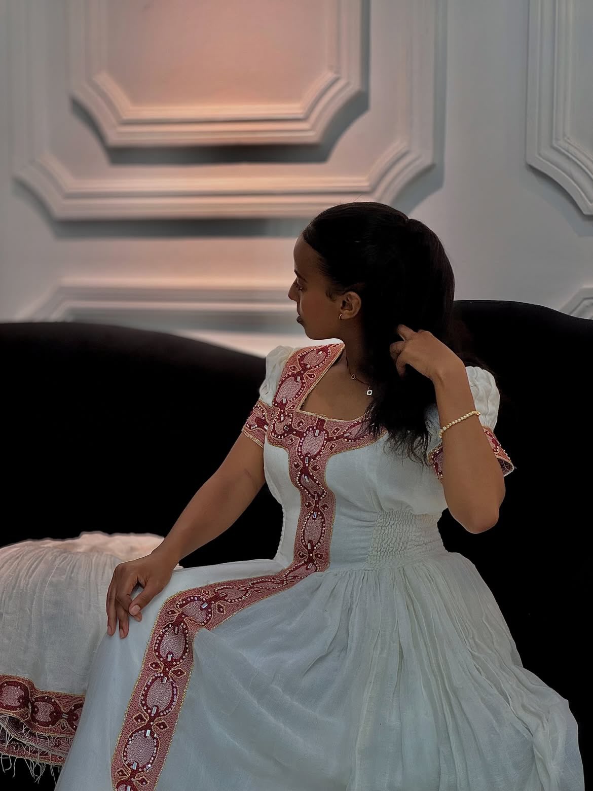 Exquisite Habesha Traditional Dress Authentic Ethiopian Traditional Dress Featuring Intricate Pink Tibeb Embroidery 1011