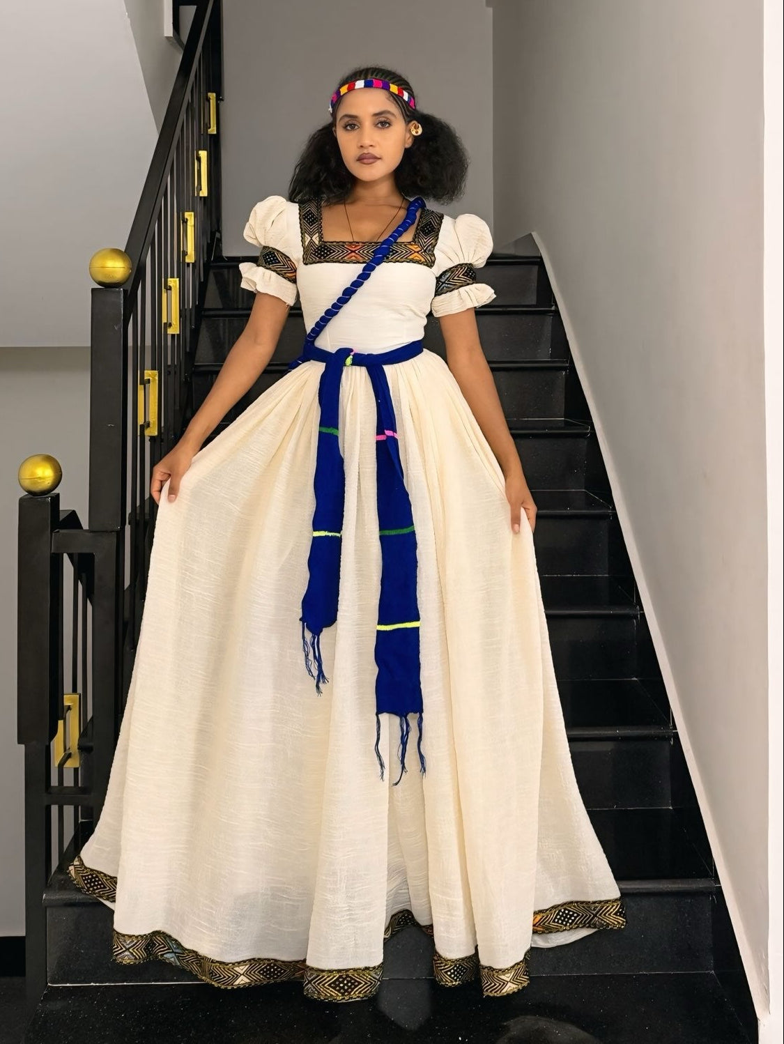 Regal Ethiopian Dress Inspired Handwoven Border Habesha Kemis Architectural Puff Sleeves Habesha Dress 1015