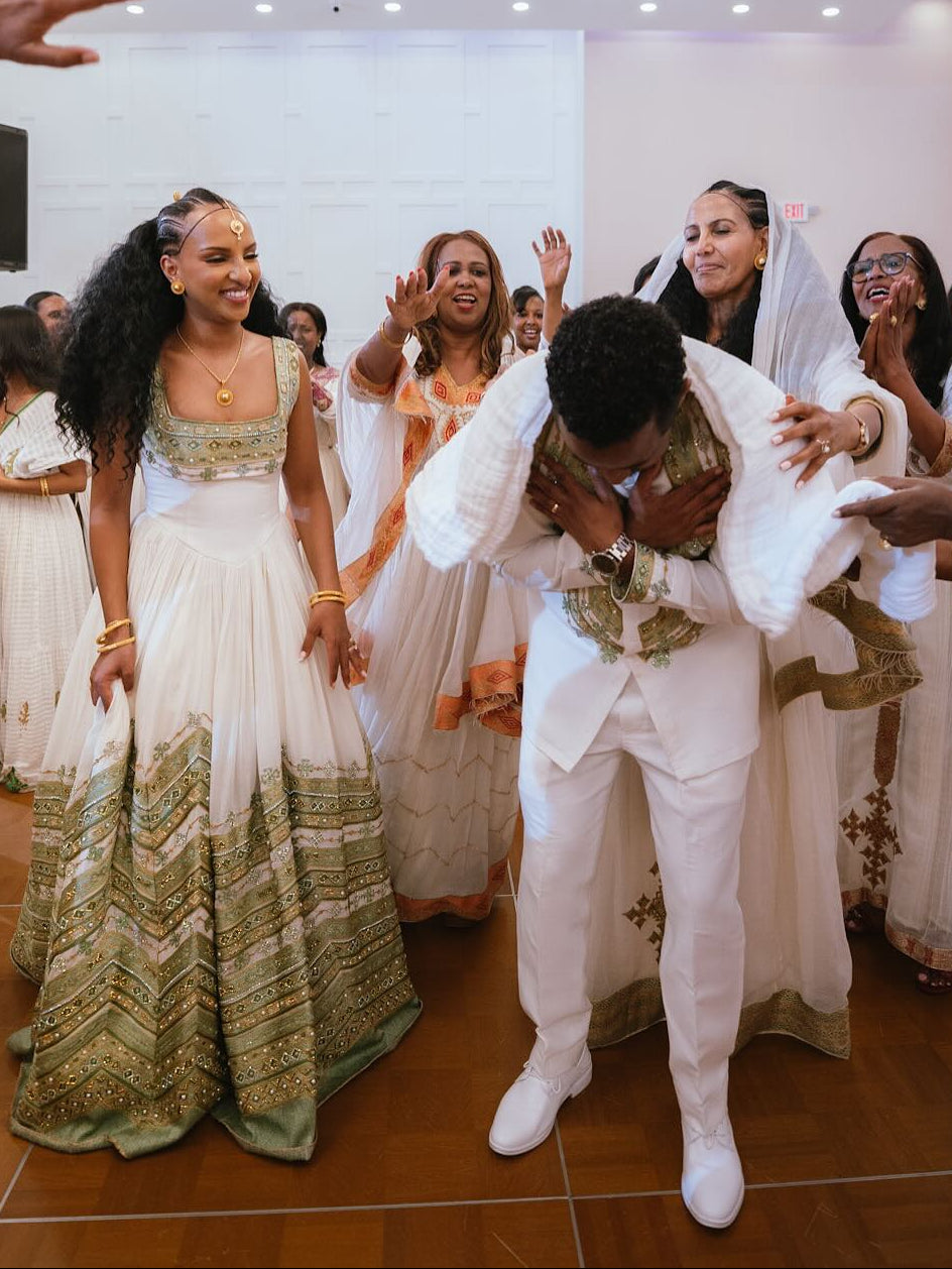 Matching Ethiopian Couple Outfit Sage Green And Gold Chevron Habesha matching embroidery 1018