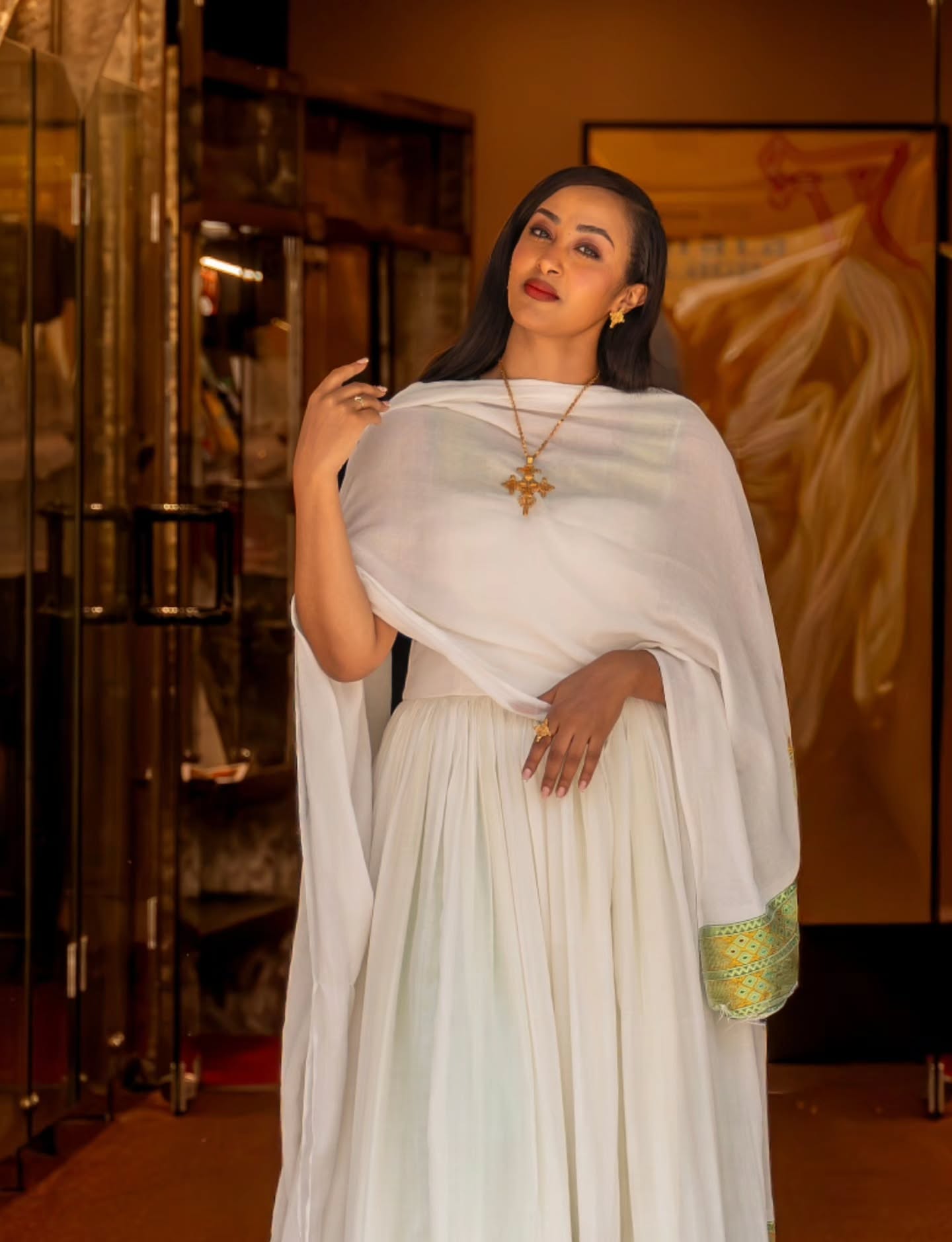 Ethiopian Traditional Dress With Shimmering Green & Gold Charming Habesha Dress 1026