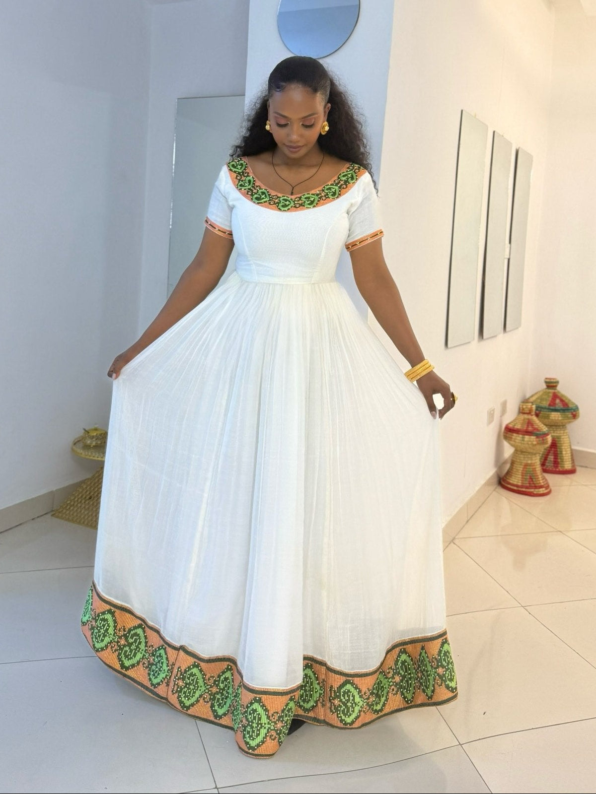 Vibrant Green And Coral 0range Habesha Dress Scoop Neck Tilf Trim Habesha Kemis 1032