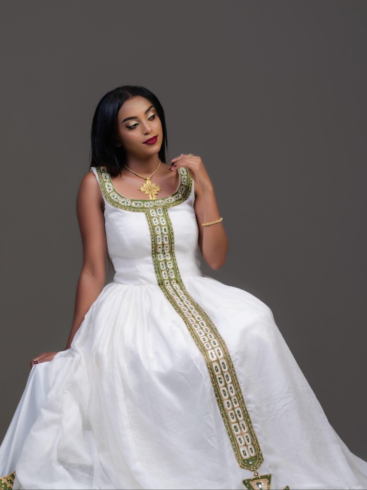 Sleeveless Habesha Dress Olive Green And Gold Cross Tilf Ethiopian Dress Charming Habesha Kemis 1033