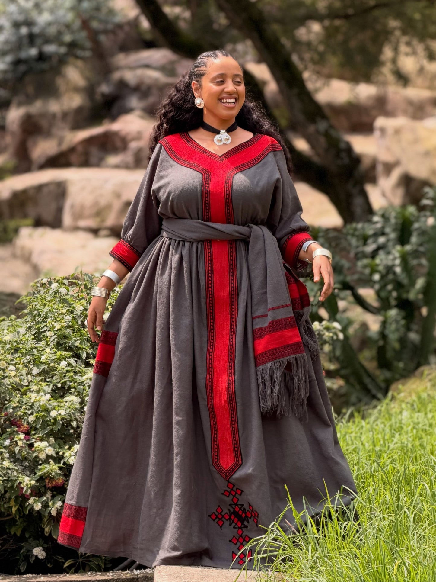 Sophisticated Charcoal Ethiopian Traditional Dress Bold Crimson Accent Habesha Dress for Timeless Habesha Kemis 1052