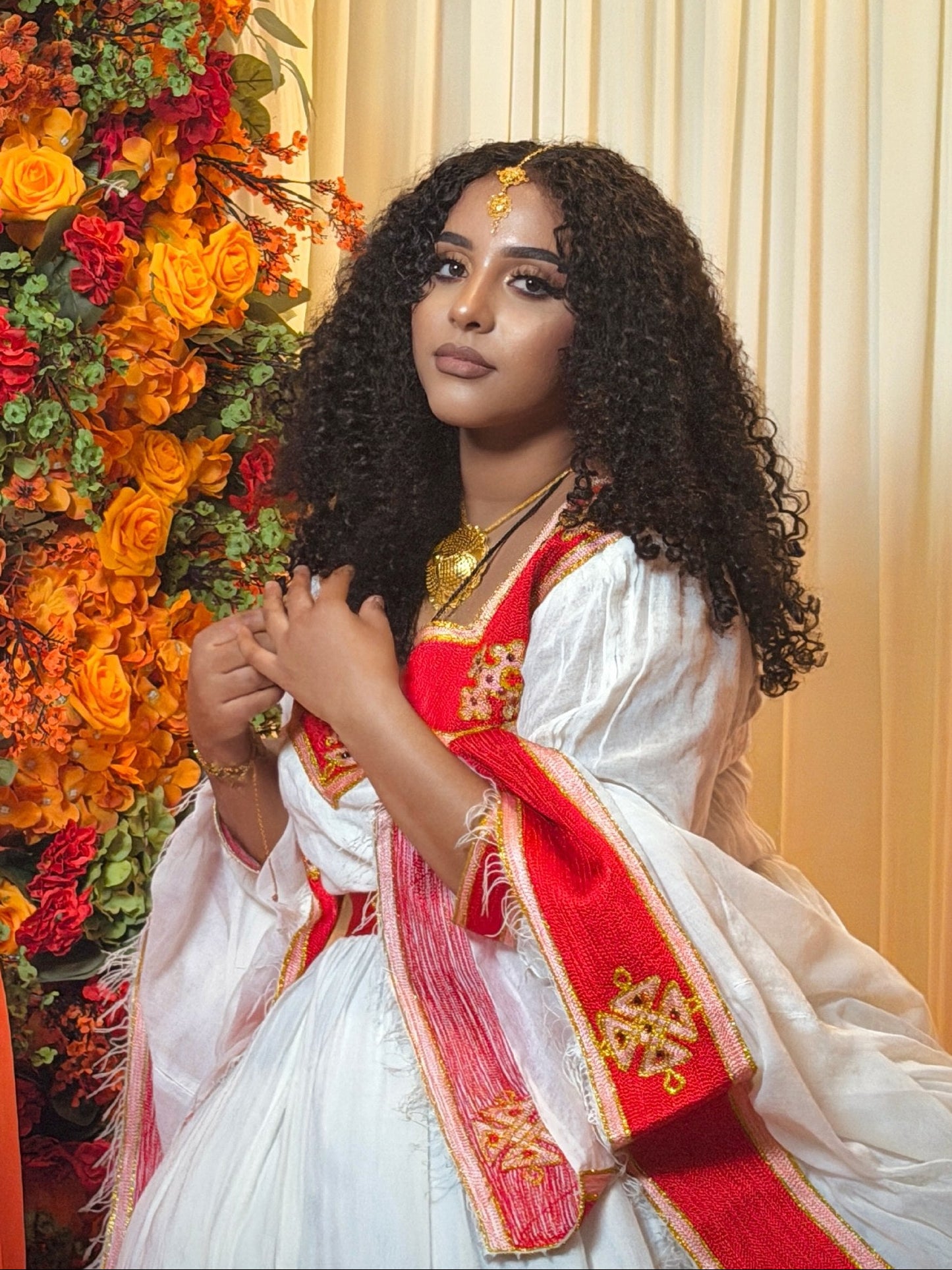 Crimson Red Gold Cross Traditional Ethiopian Wedding Dress Waist Sash And Habesha Kemis Border 1056