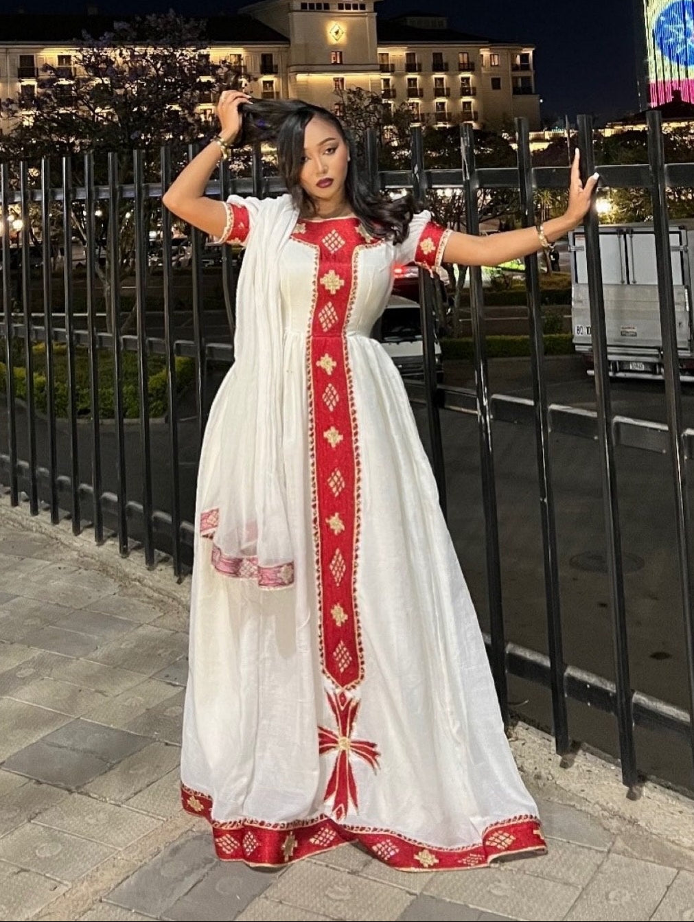 Radiant Red Gold Vertical Tilf Habesha Dress Ethiopian Clothing With Puff Sleeves And Habesha Kemis 1057