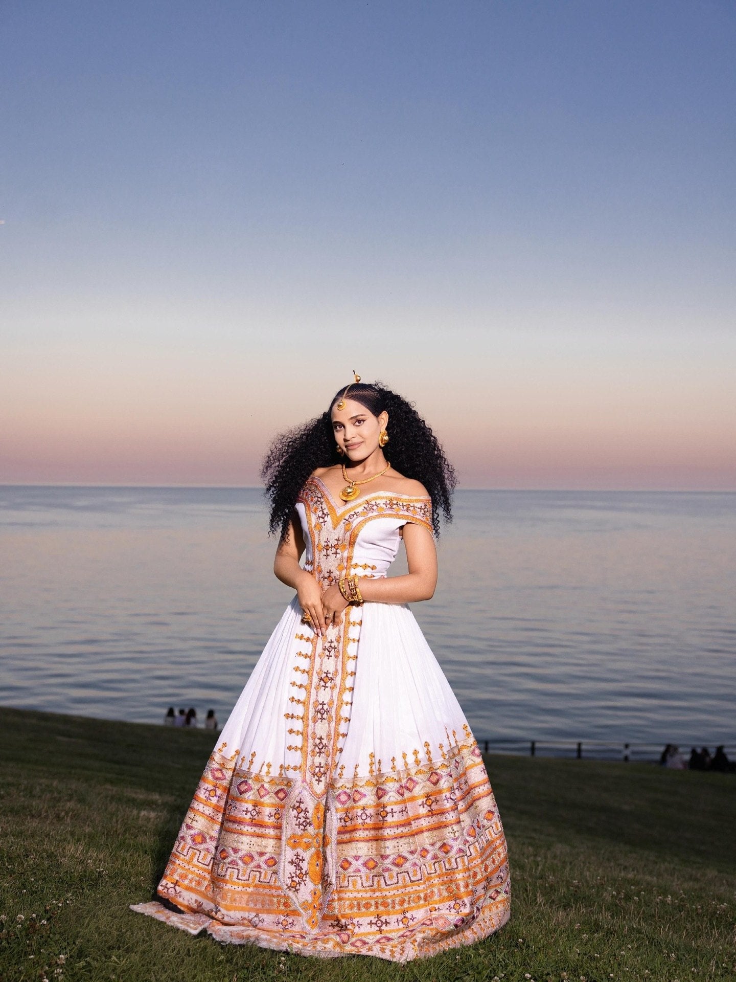 Peach Rose Gold Habesha Couple Outfit Off-Shoulder Gown And Habesha Matching Tunic 1058
