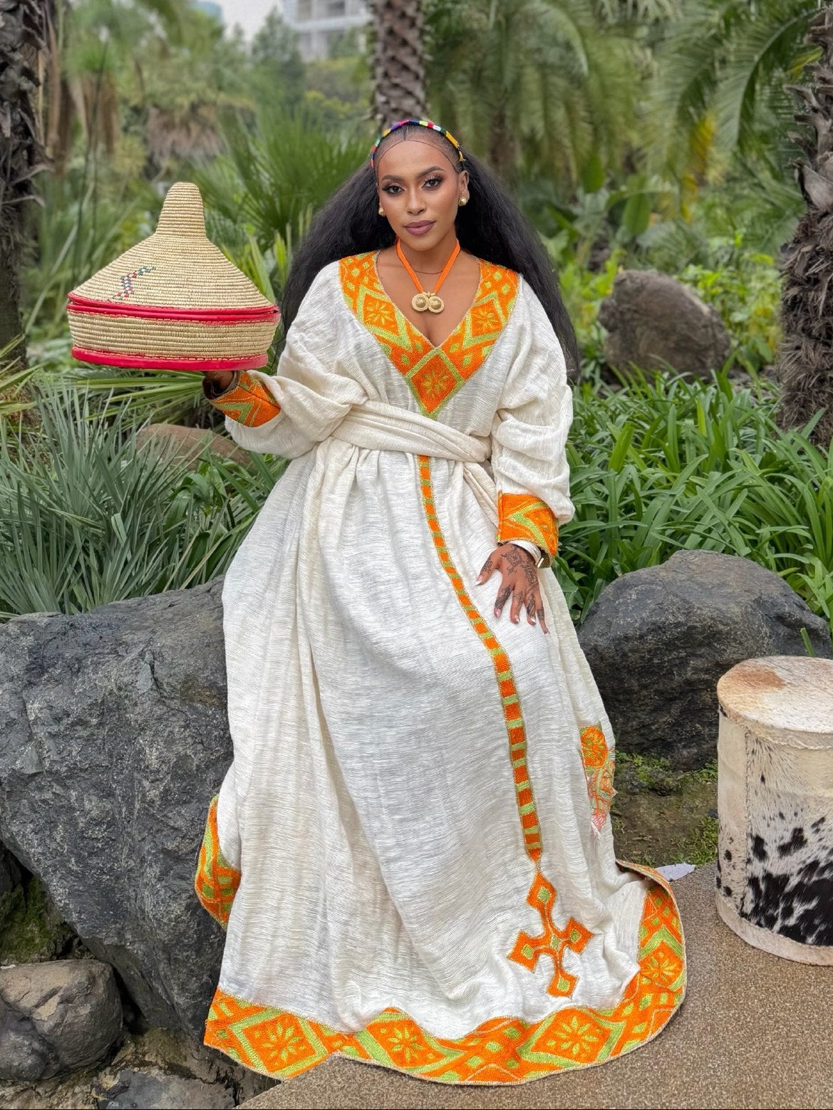 Bright Orange Yellow Geometric Habesha Dress V-Neck Habesha Kemis With Long Sleeved Ethiopian Dress 1075