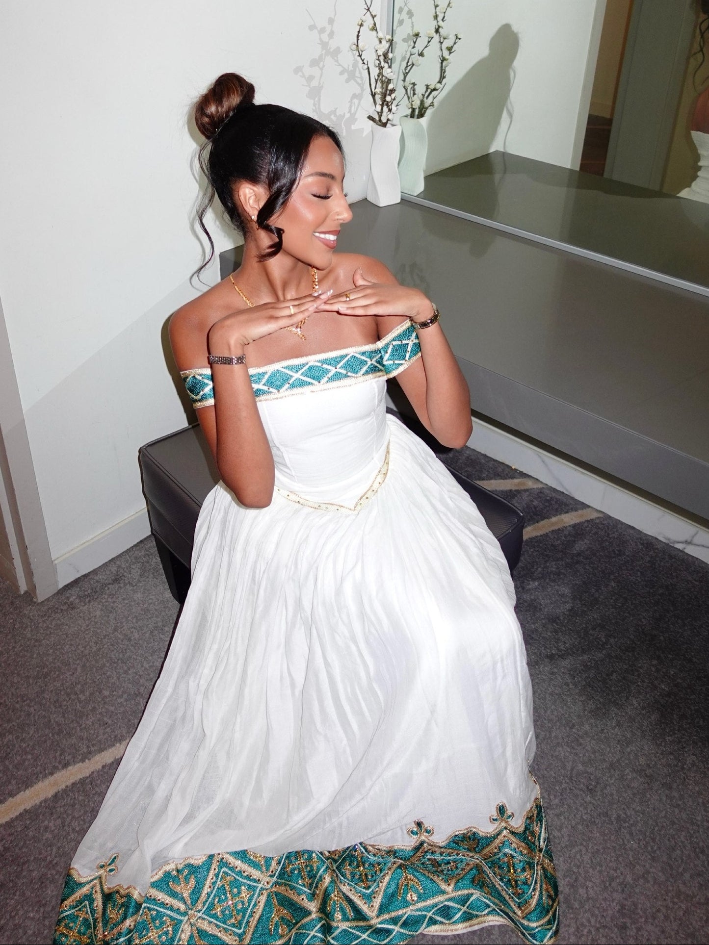 Emerald Gold Chevron Ethiopian Dress Off-The-Shoulder Habesha Kemis Ballgown Habesha Dress 1078