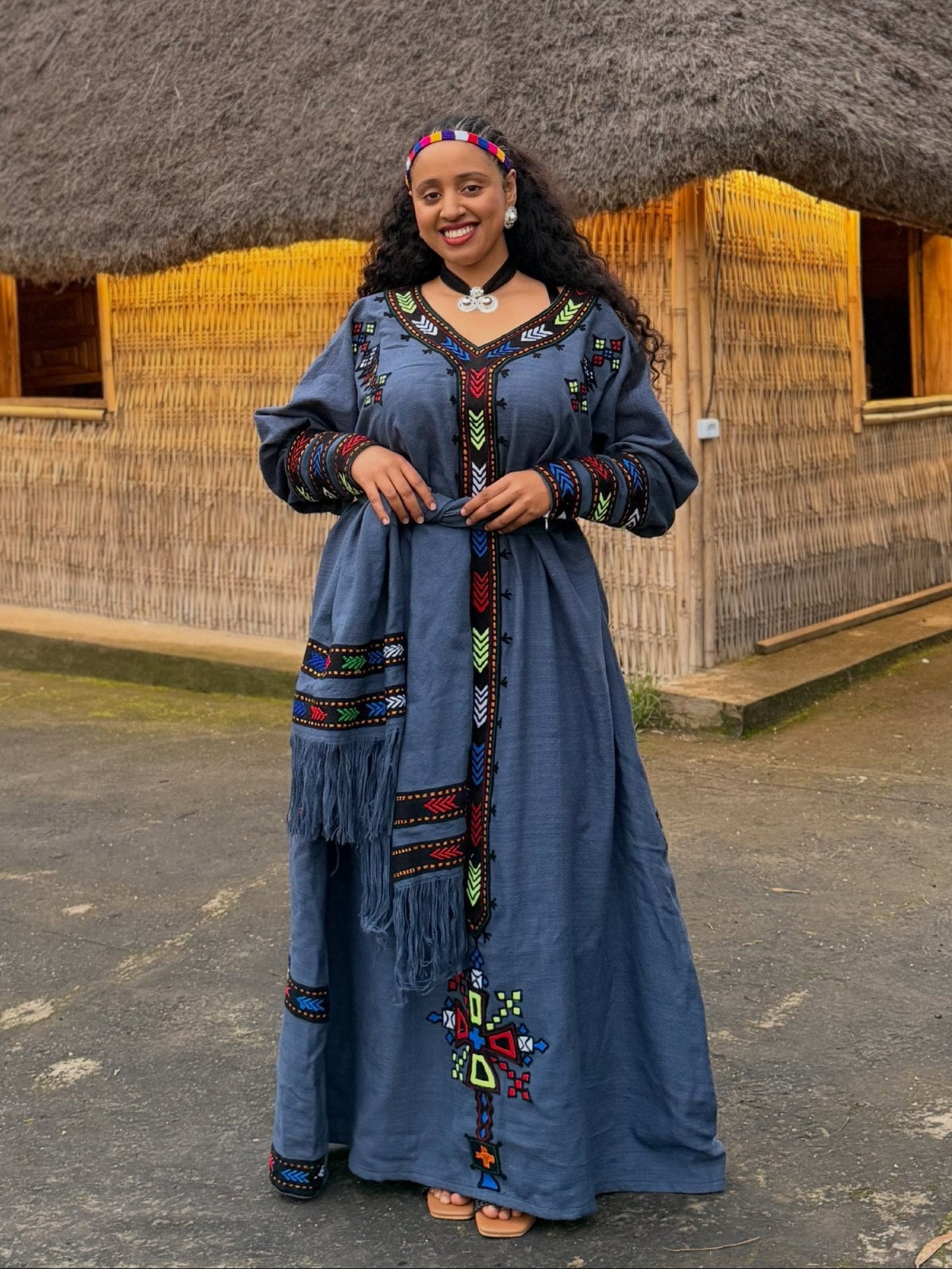Slate Blue Rainbow Chevron Ethiopian Clothing V-Neck Habesha Dress Long Sleeve Habesha Kemis 1081