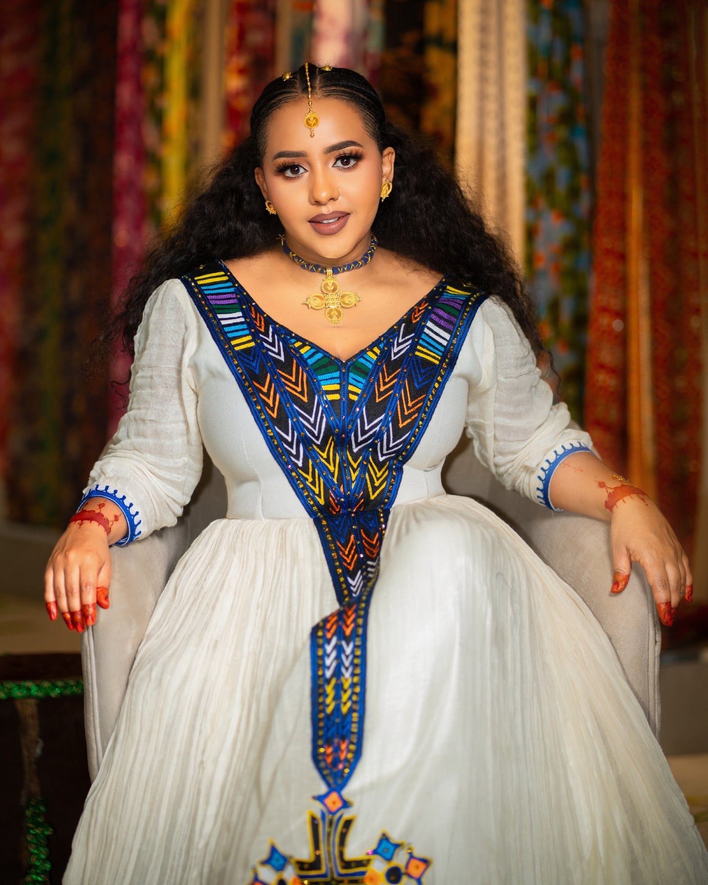 Sapphire Blue Geometric Habesha Kemis Online Timeless Traditional Ethiopian Dress Festive Habesha Dress 1082