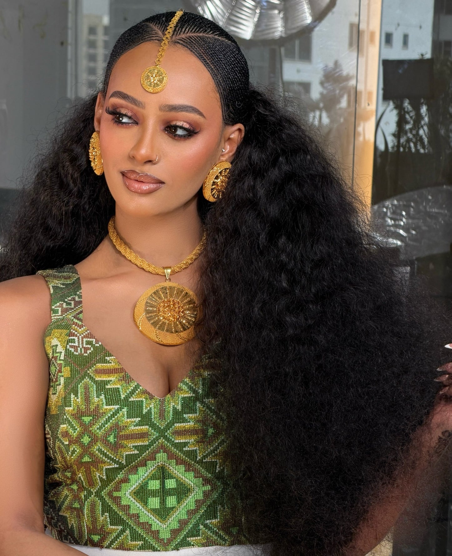 Emerald Green & Gold Mosaic Habesha Kemis Sleeveless Two-Piece Traditional Ethiopian dress Set 1126
