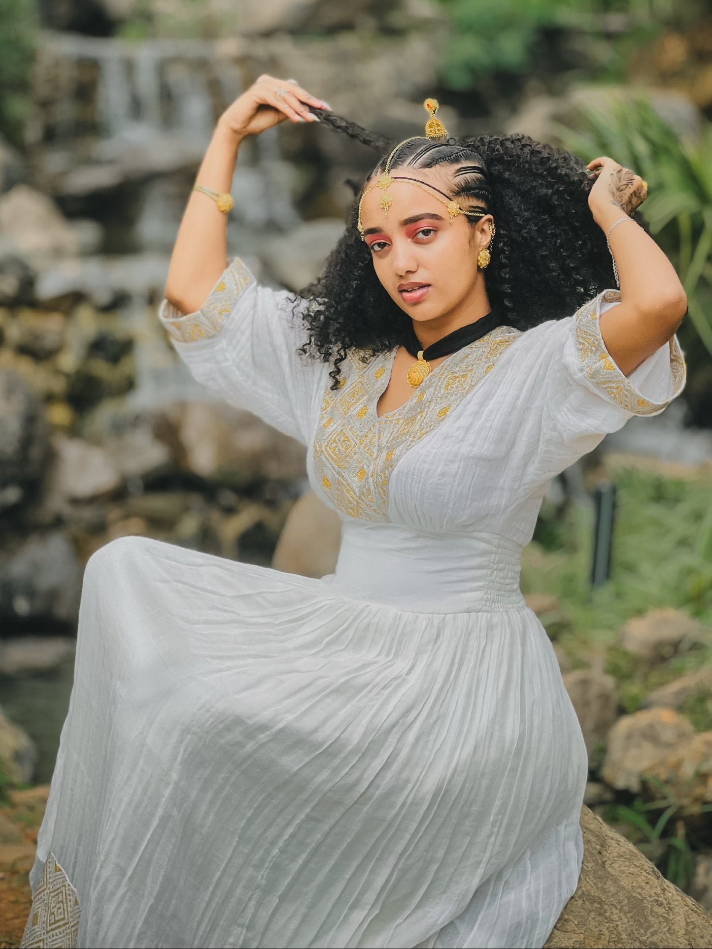 Soft Gold Filigree Ethiopian Clothing V-Neck Habesha traditional dress Three-Quarter Sleeve Habesha Kemis 1132
