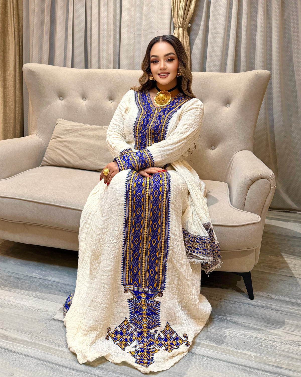 Royal Blue & Gold Geometric Mosaic Habesha Dress Central Tilf Panel Eritrean Kemis Long Sleeve Ethiopian Dress 1139