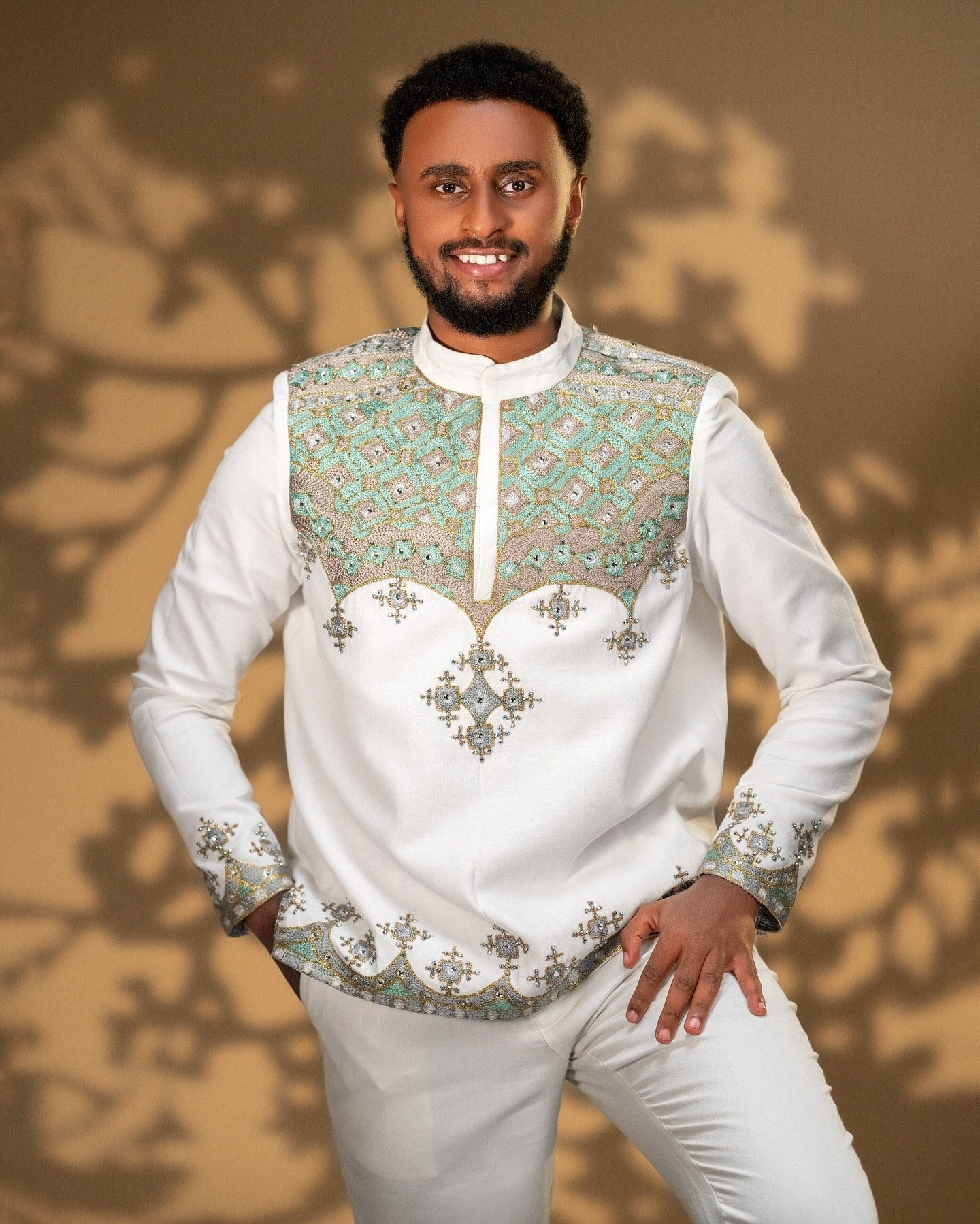 Sage Green & Gold Filigree Embroidered Yoke Ethiopian Men Shirt And Pants Long Sleeve Tunic Set 1146