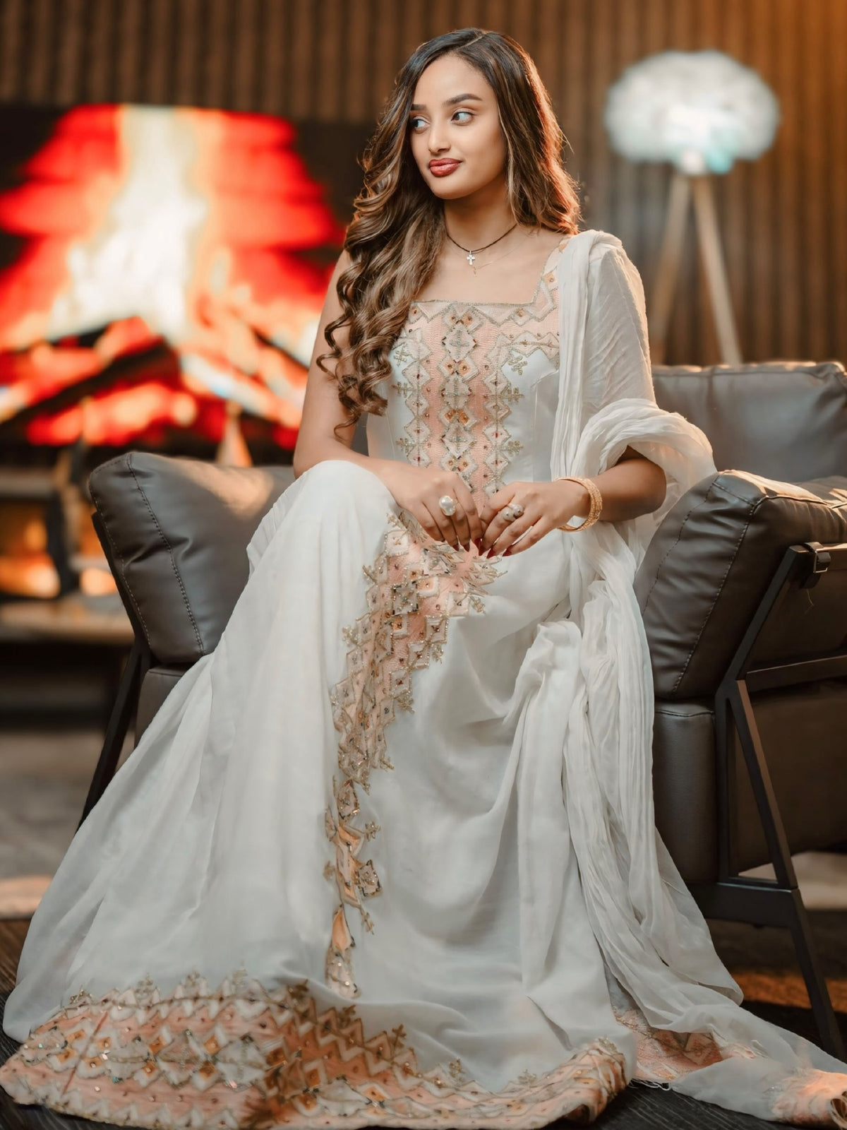 Blush Peach & Gold Filigree Lattice Habesha Kemis Sleeveless Square Neck Ethiopian dress Gown 1176