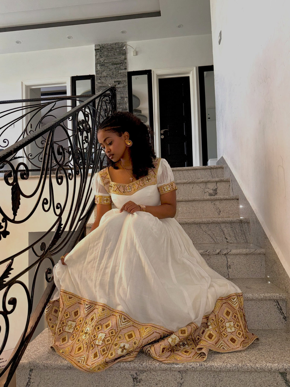 Gold & Ochre Tapestry Puff Short Sleeve Habesha Kemis Handloomed Eritrean dress Gown with Wide Border 1187
