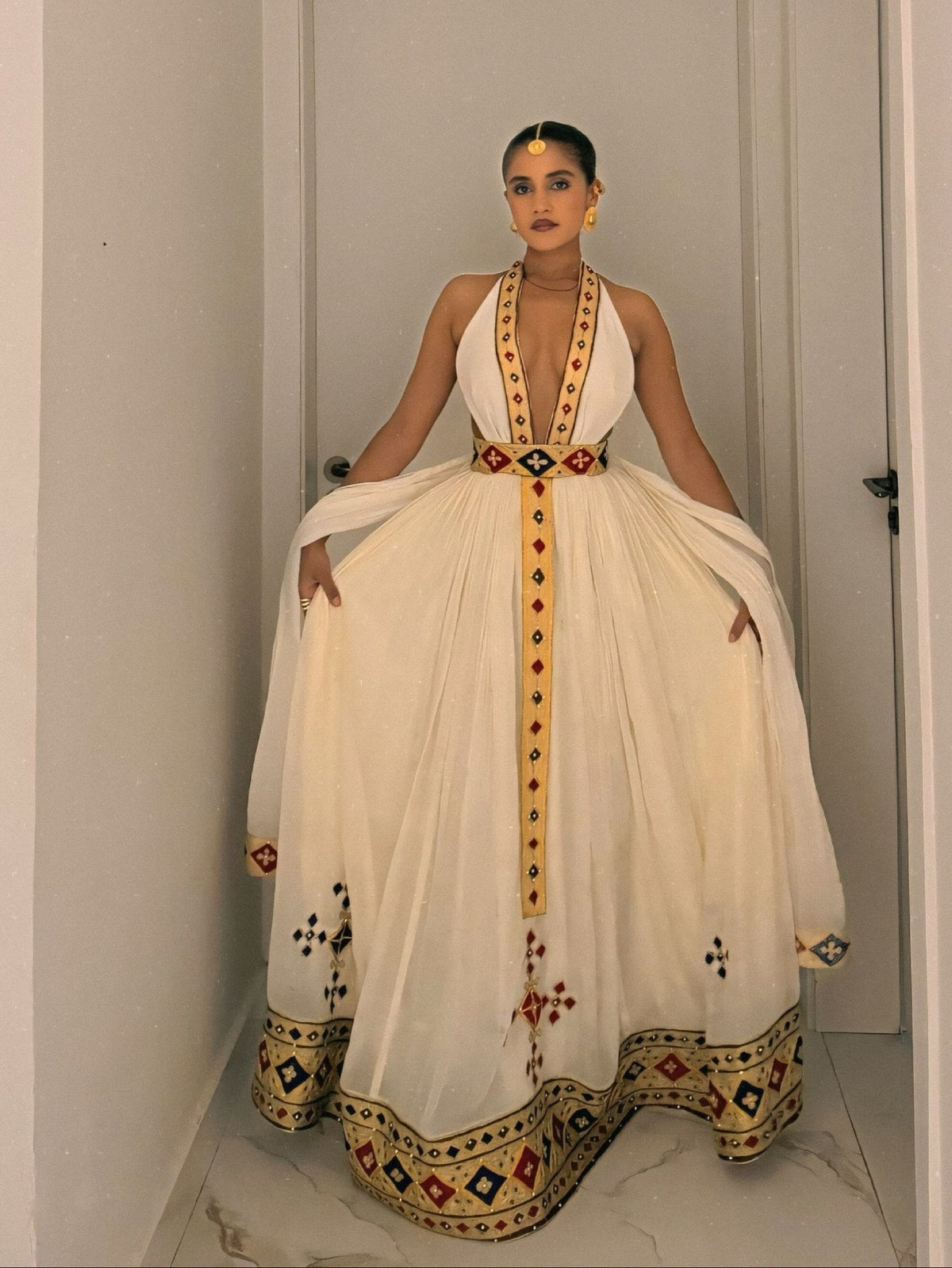 Crimson & Gold Diamond Plunging Halter Neck Ethiopian Dress Backless Handloomed Habesha Kemis 1191