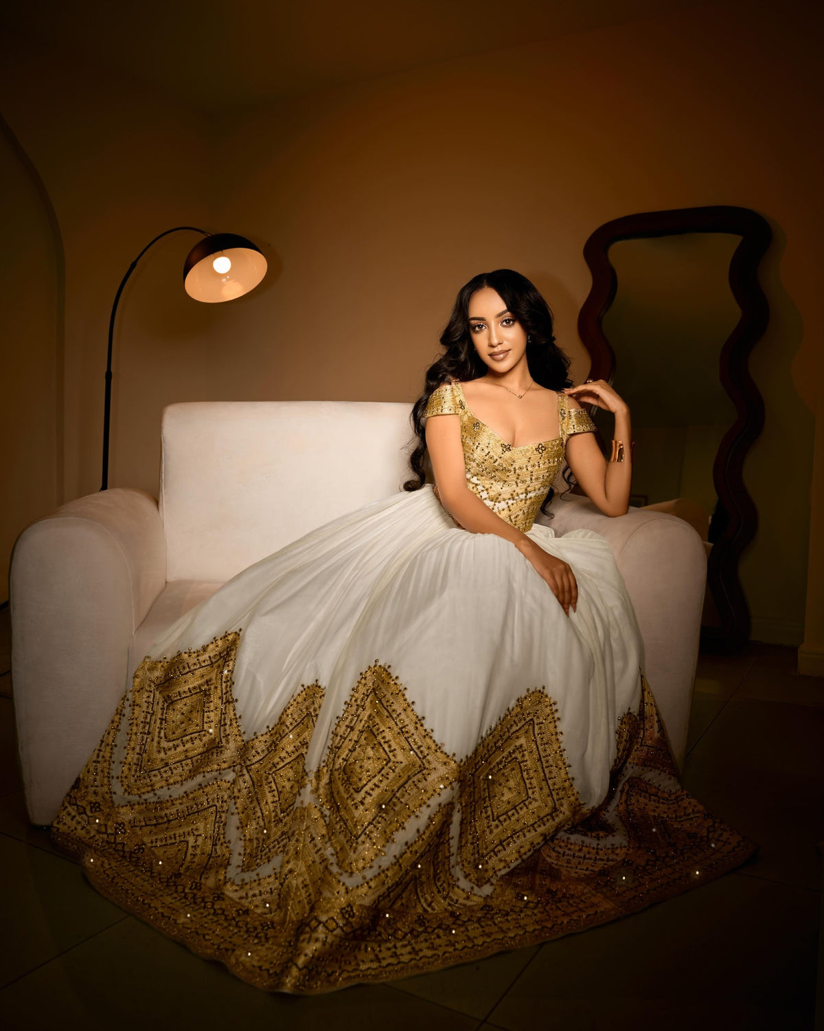 Royal Gold Corset Bodice Habesha Kemis Off-the-Shoulder Ethiopian wedding dress Gown with Wide Tapestry Skirt Border 1201