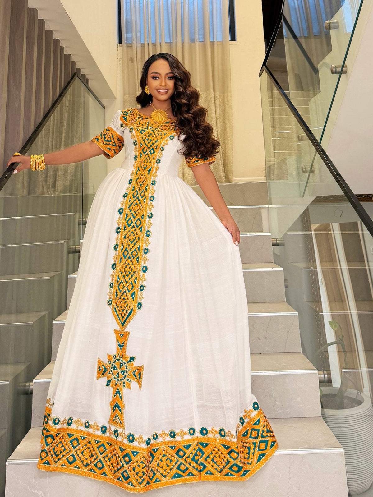 Golden Yellow & Emerald Green Mosaic Yoke Short Sleeve Habesha Kemis Charming Ethiopian dress Gown 1208