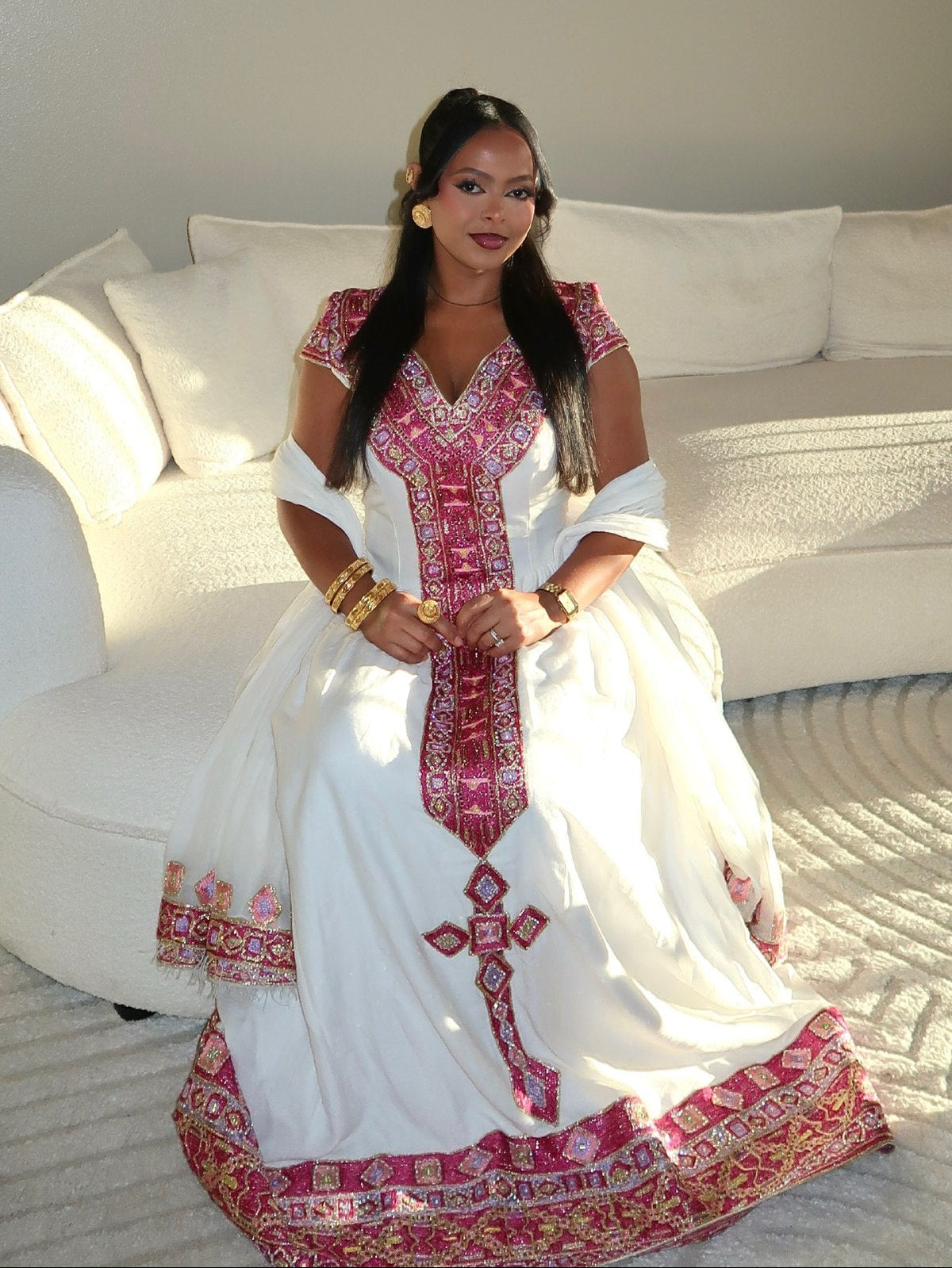 Crimson Red & Gold Ethiopian Clothing V-Neck Habesha Dress For Timeless Elegance 1210