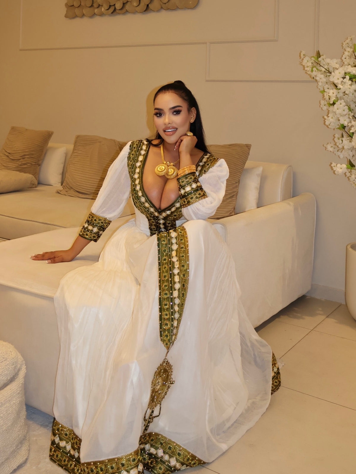 Olive Green & Gold Embroidered Habesha Kemis V-Neck Three-Quarter Sleeve Habesha Dress 1212