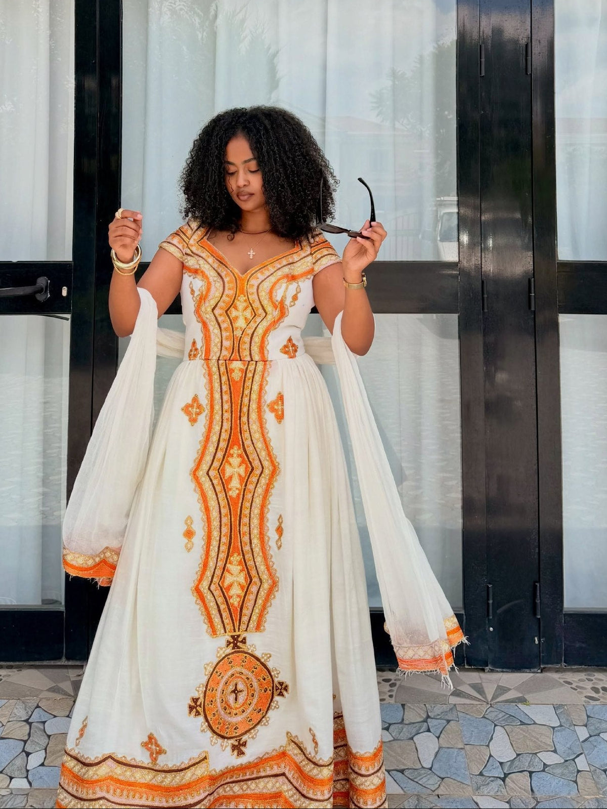 Amber Orange & Gold Medallion V-Neck Cap Sleeve Habesha kemis Exclusive Ethiopian clothing & Habesha Dress 1219