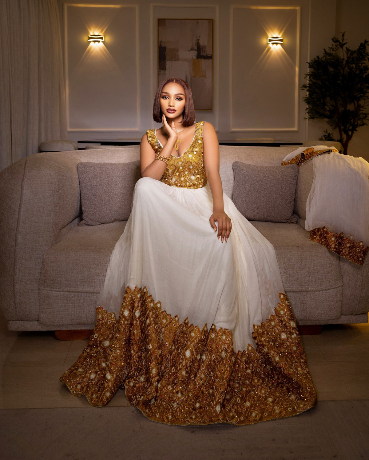 Opulent Metallic Gold Bodice & Hem Corset Habesha Kemis Traditional Ethiopian Wedding Dress 1220