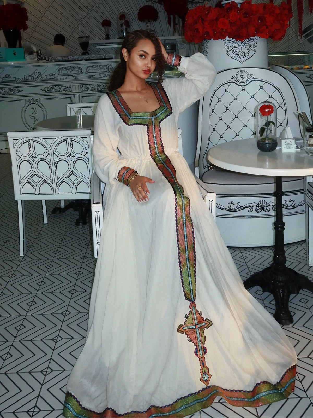 Square-Neck Long Sleeve Habesha Dress Traditional Ethiopian Dress For Event And Festive 1236