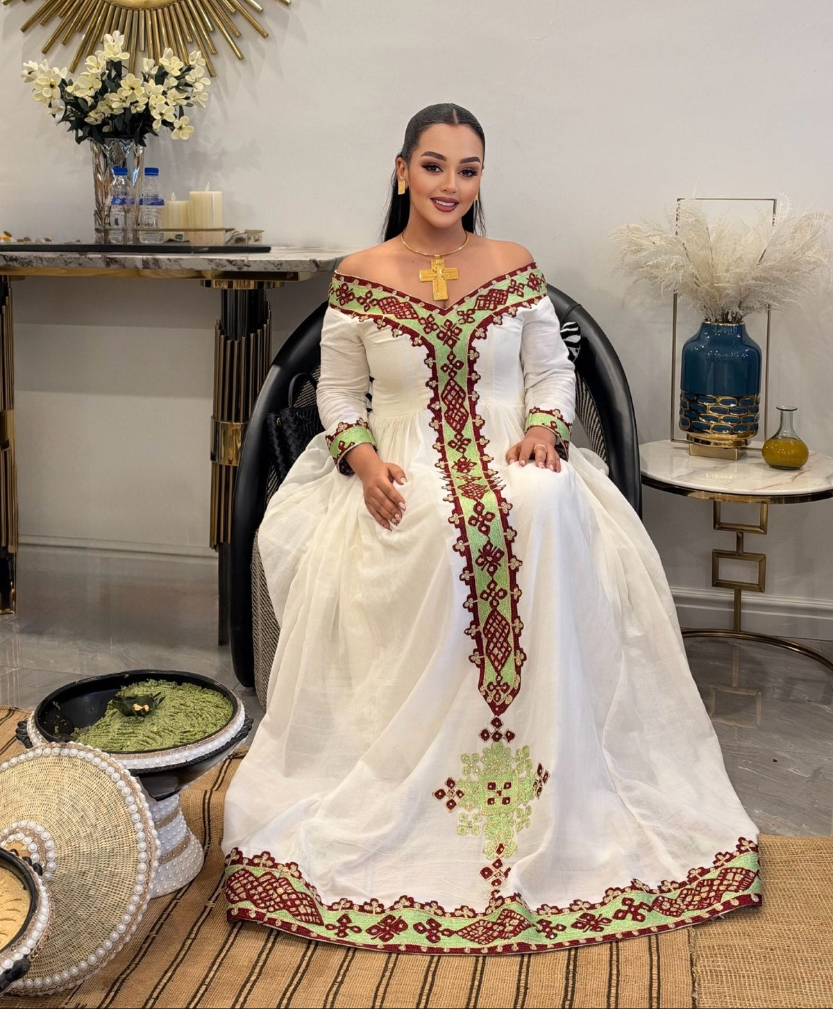 Maroon & Mint Green Habesha Dress Off-Shoulder Long Sleeve Habesha kemis Online & Traditional Ethiopian dress 1239