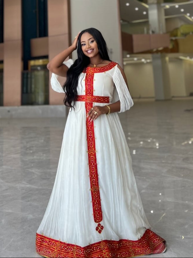 Crimson Red & Gold Cold-Shoulder Habesha Dress Flutter Sleeve Ethiopian Clothing & Habesha Kemis 1250