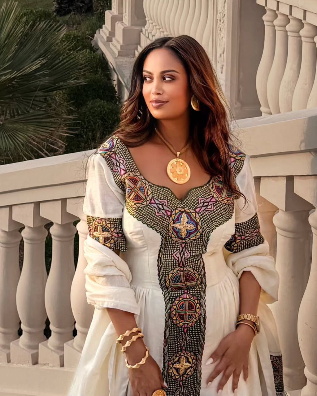 Multicolored Geometric Cross Tapestry Ethiopian Dress Short-Sleeve Habesha Kemis 1261