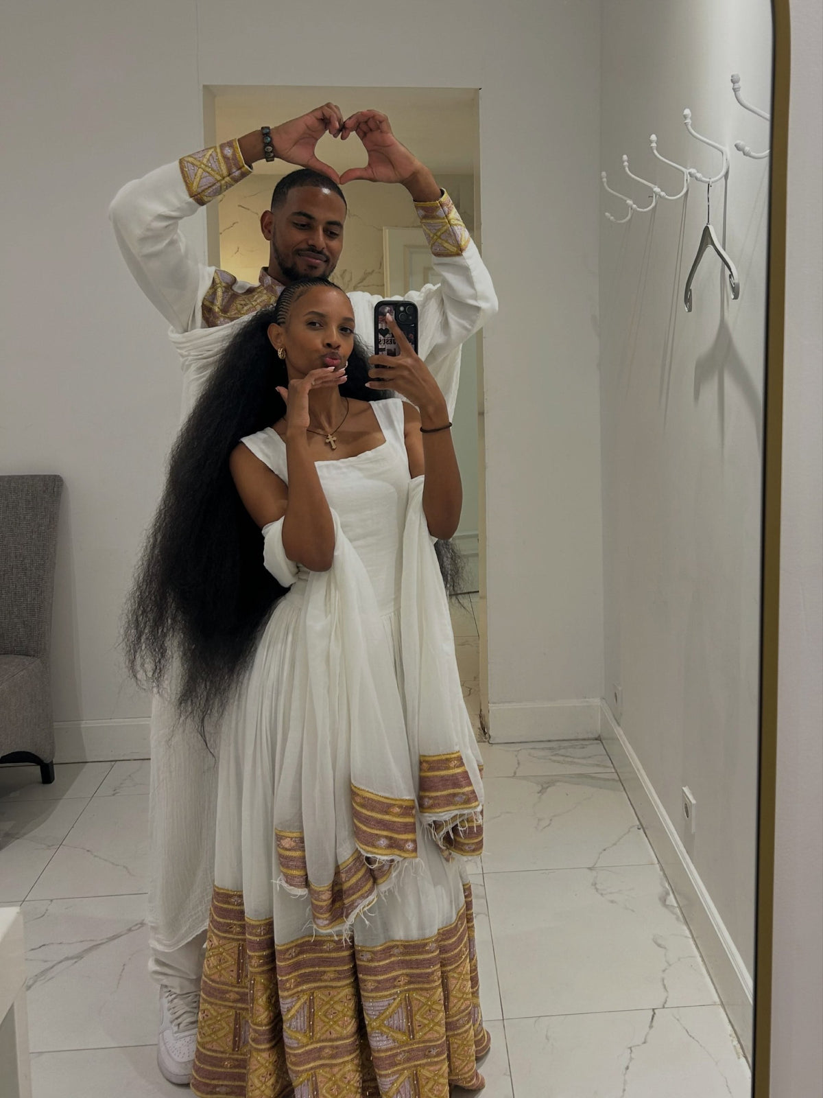 Imperial Gold & Lavender Diamond Lattice Matching Couple's Set Ethiopian Couples Traditional Wear 1262
