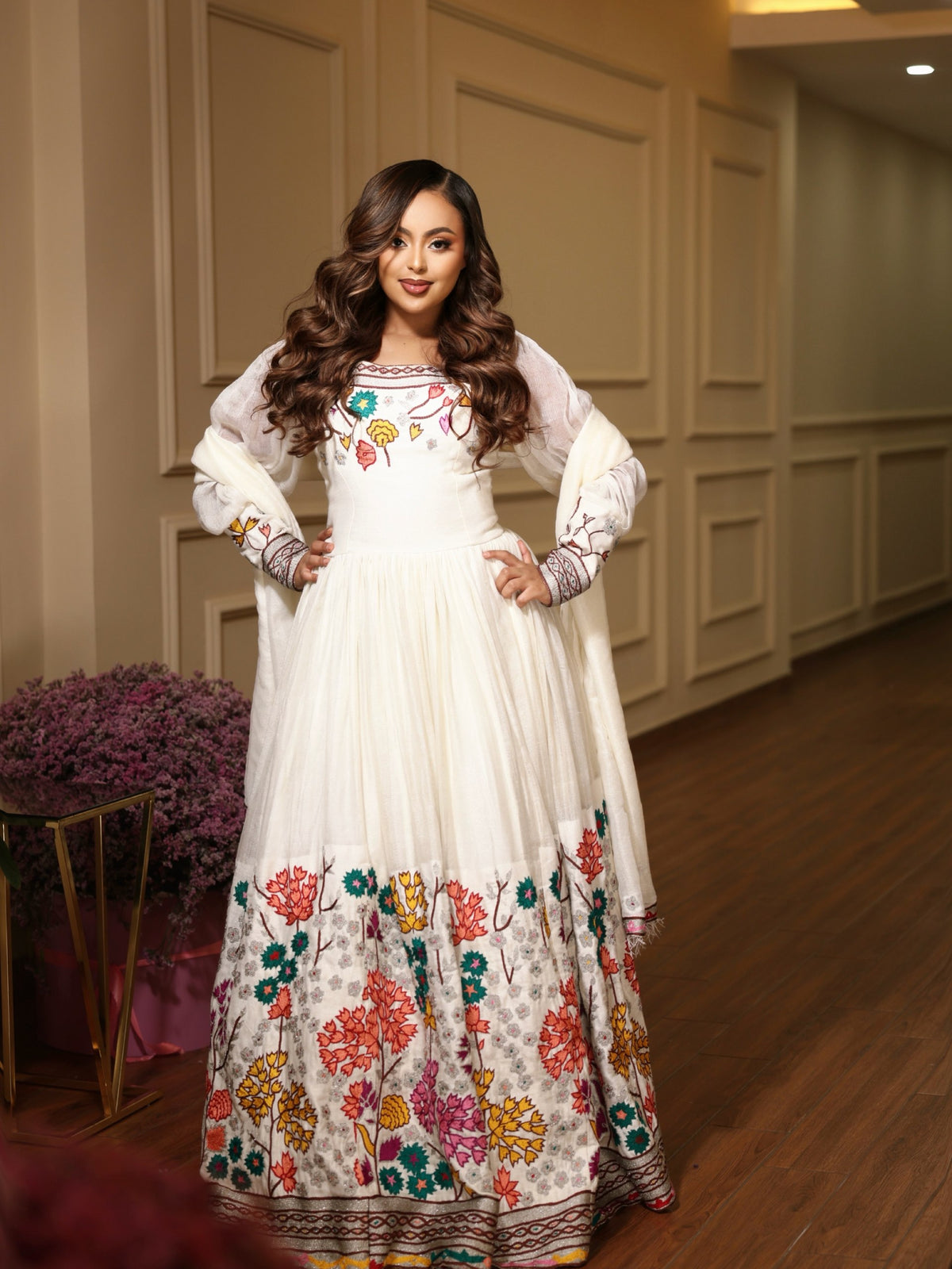 Floral Garden Embroidery Long Sleeve Gown Habesha Kemis with Netela Traditional Ethiopian dress 1272