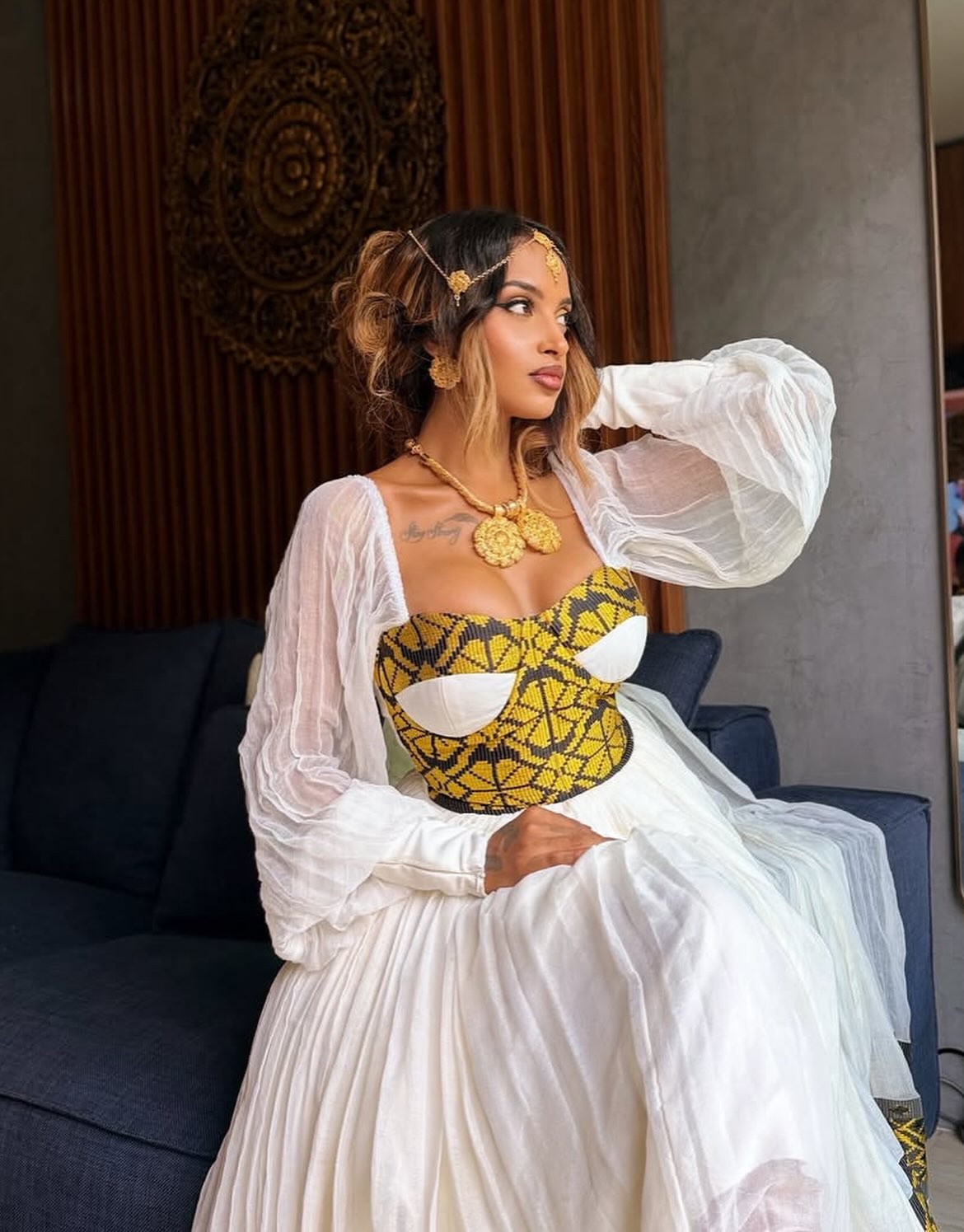 Black & Gold Geometric Bustier Corset Habesha Dress with Sheer Sleeves Ethiopian clothing & Ethiopian traditional dress 1280