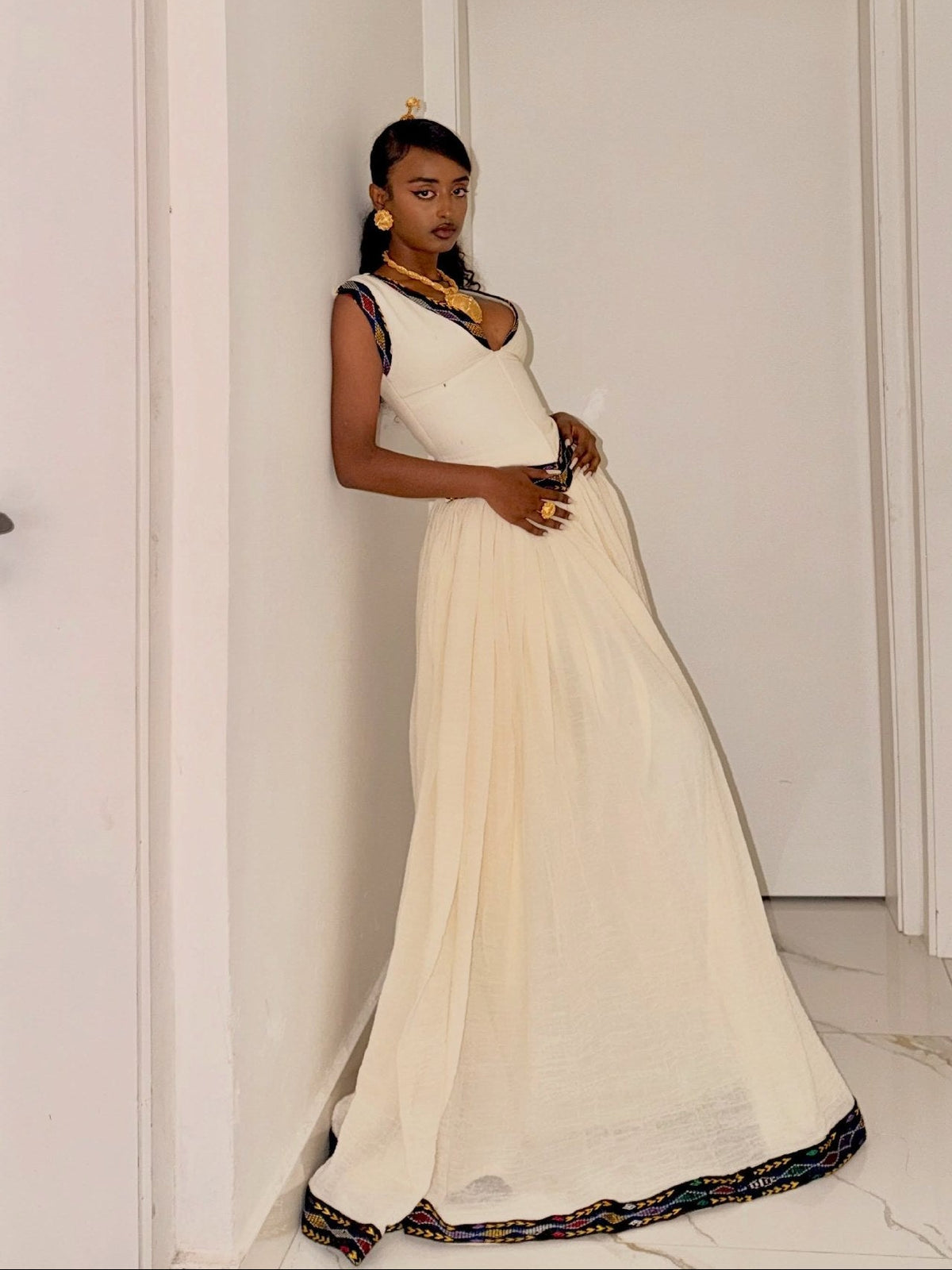Deep V-Neck Corset Habesha Dress Sleeveless Dark Jewel-Tone Embroidery Traditional Ethiopian dress 1287