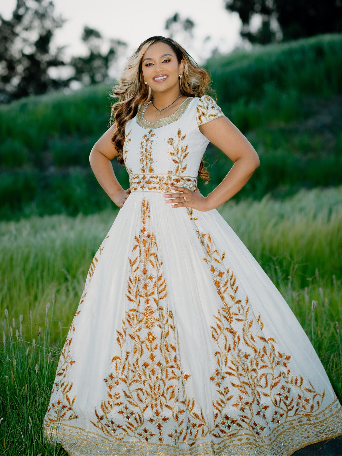 Royal Gilded Floral Vine Short-Sleeve Corset Habesha Dress Intricate Gold Leaf Embroidery Ethiopian dress 1288