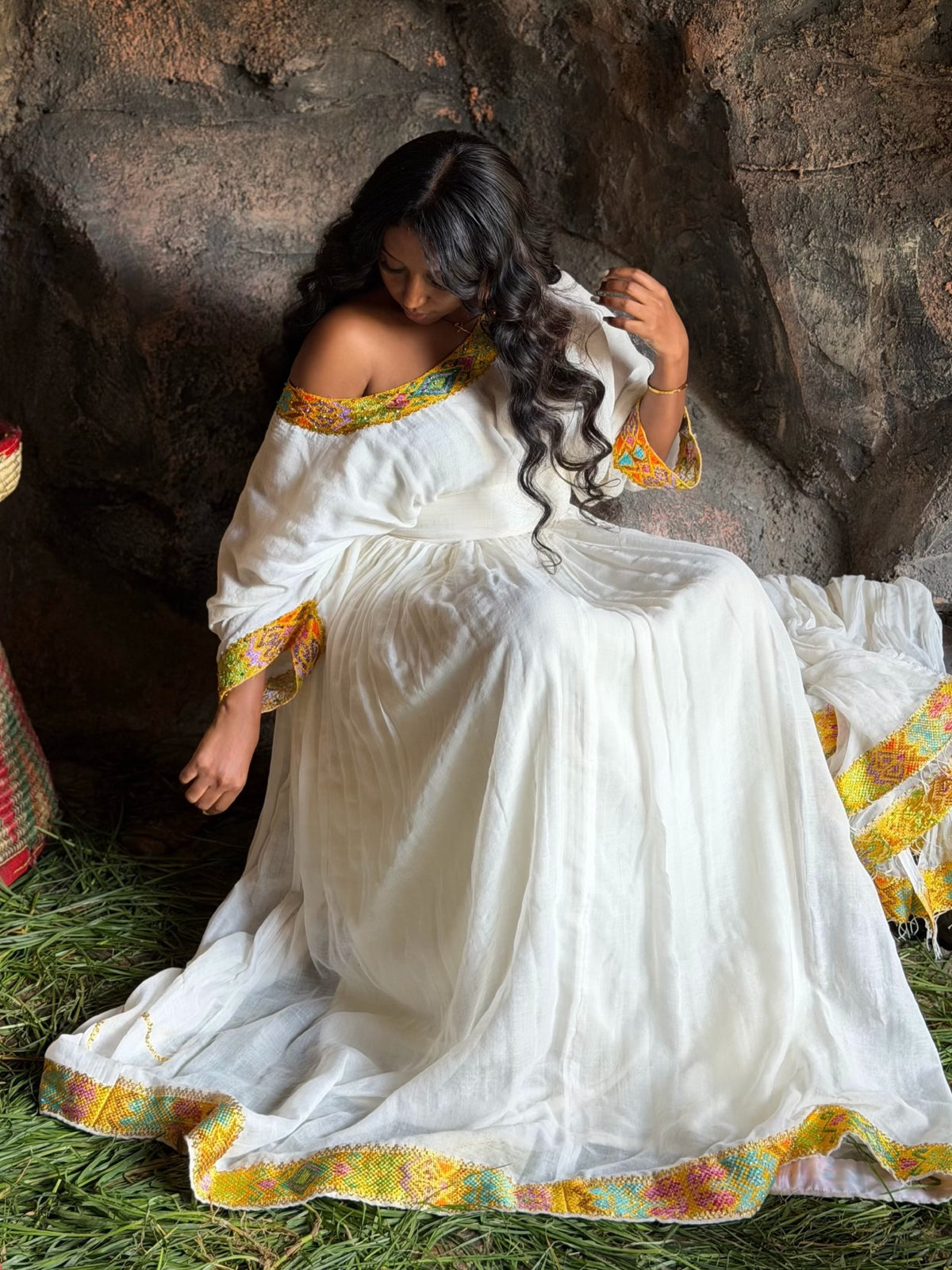 Timeless Sunshine Yellow & Turquoise Habesha Dress Asymmetric Off-Shoulder Ethiopian Clothing With Matching Netela 1289