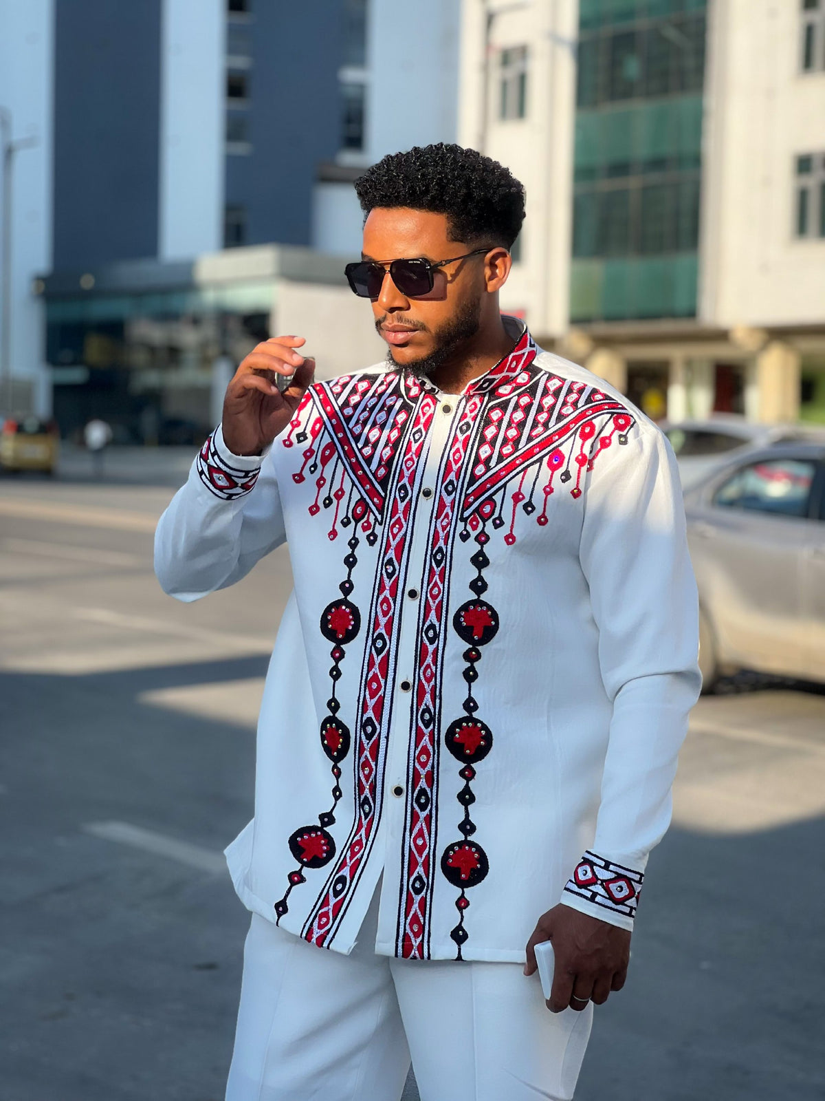 Red & Black Geometric Embroidered Men's Oromo Shirt and Pants Set Oromo traditional attire 1293