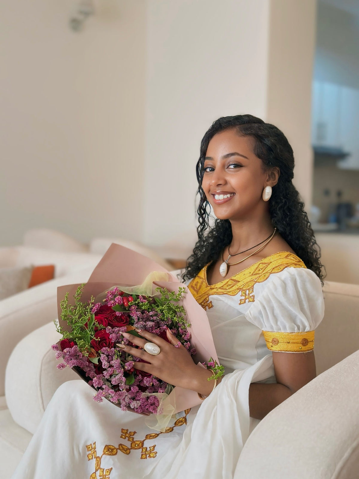 Bright Gold Cross Lattice Habesha Kemis Short-Sleeve Habesha Dress with Matching Netela 1298