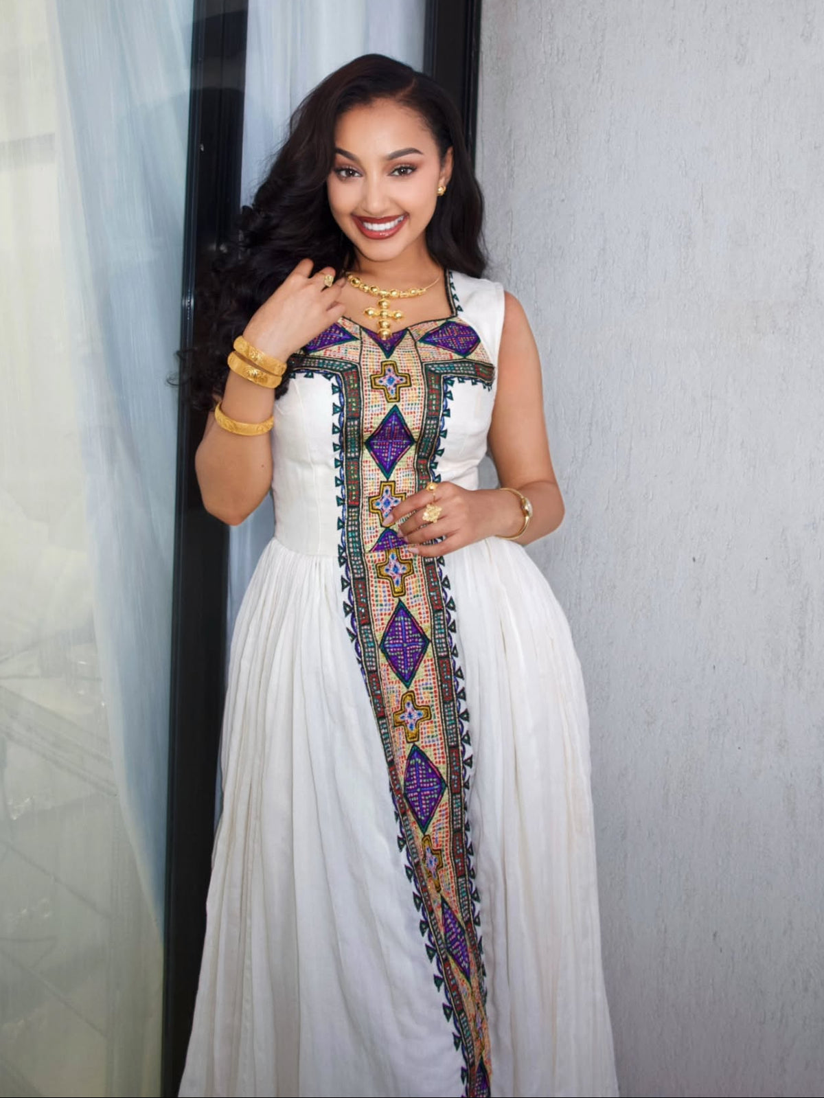 Jewel-Toned Purple & Gold Geometric Ethiopian Dress Sleeveless Habesha Kemis with Central Tapestry Column 1300