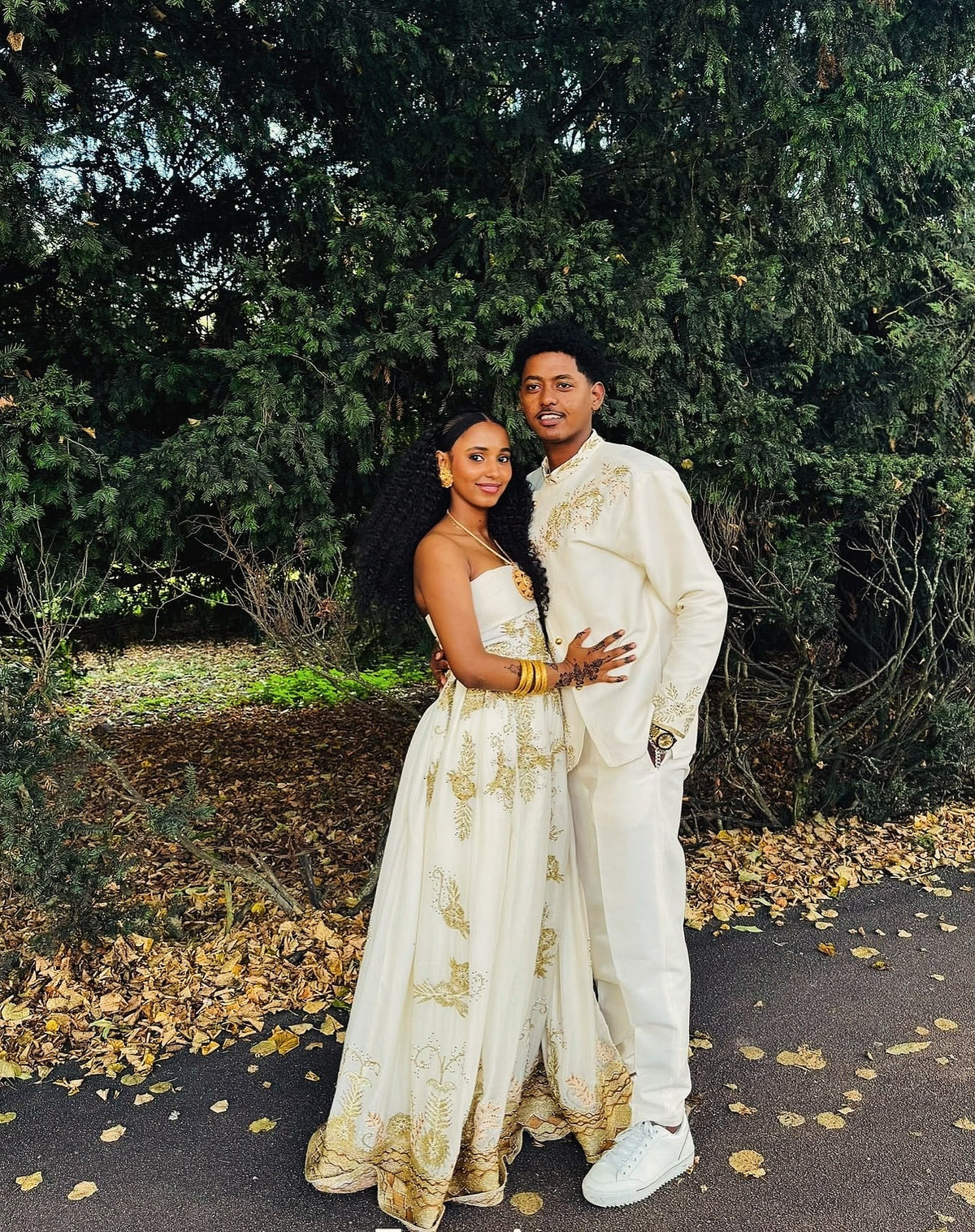 Matching Royal Gold Floral Embroidered Strapless Gown & Men's Shirt Set ethiopian clothing 1302