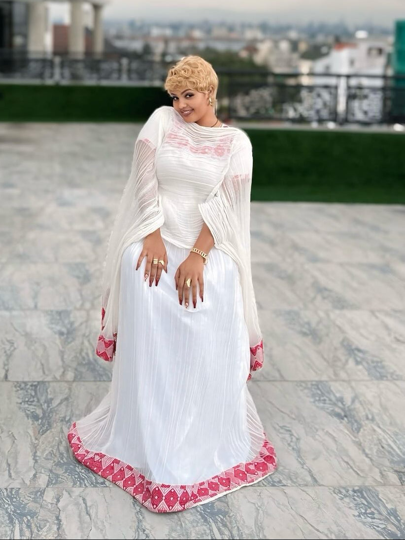 Short Sleeve Habesha Kemis with Pink Embroidery Ethiopian Traditional With Stylish Details Stunning Habesha Dress 1319
