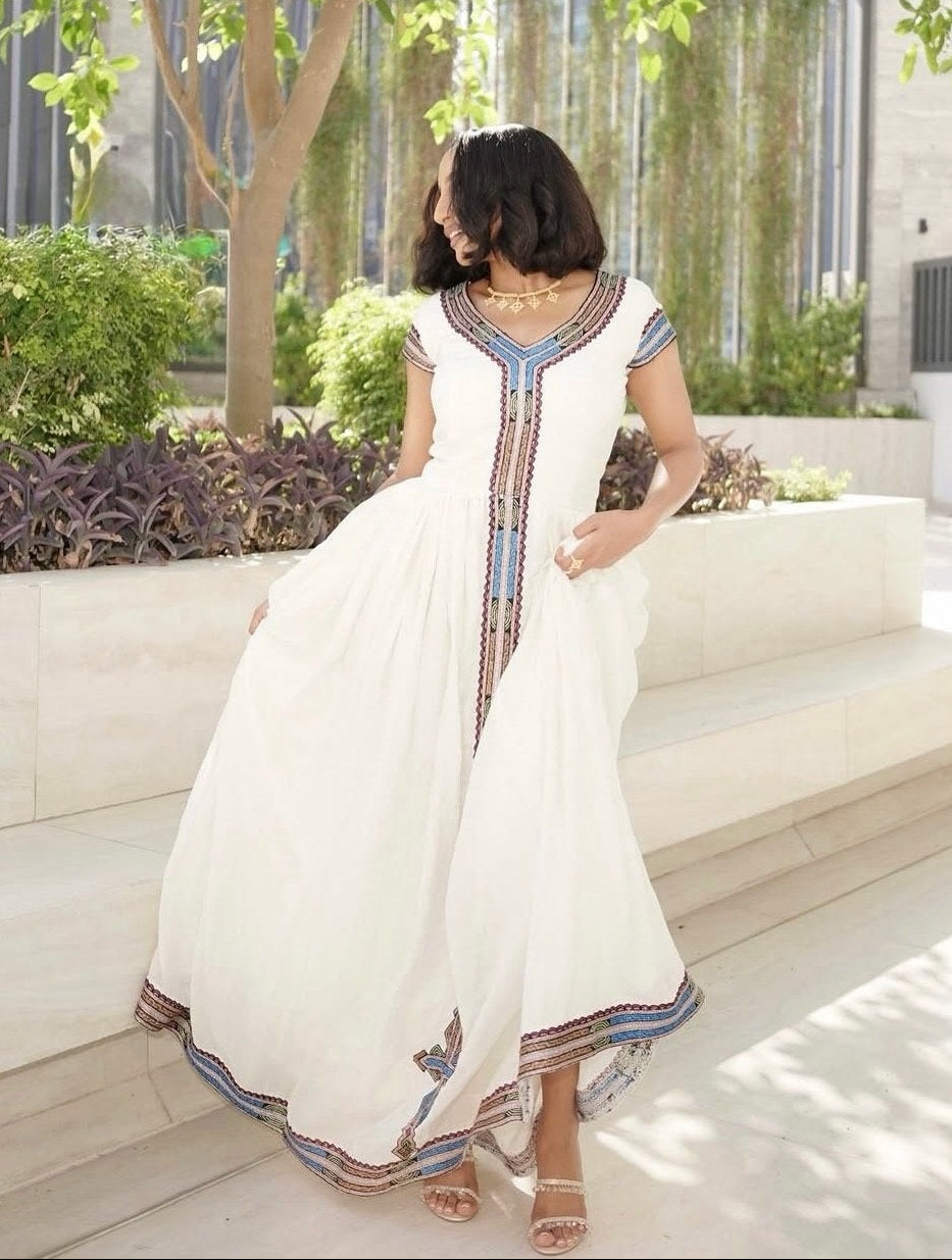 Ethiopian traditional dress Blue & Burgundy Geometric Short-Sleeve Gown with Central Cross Tapestry 1321