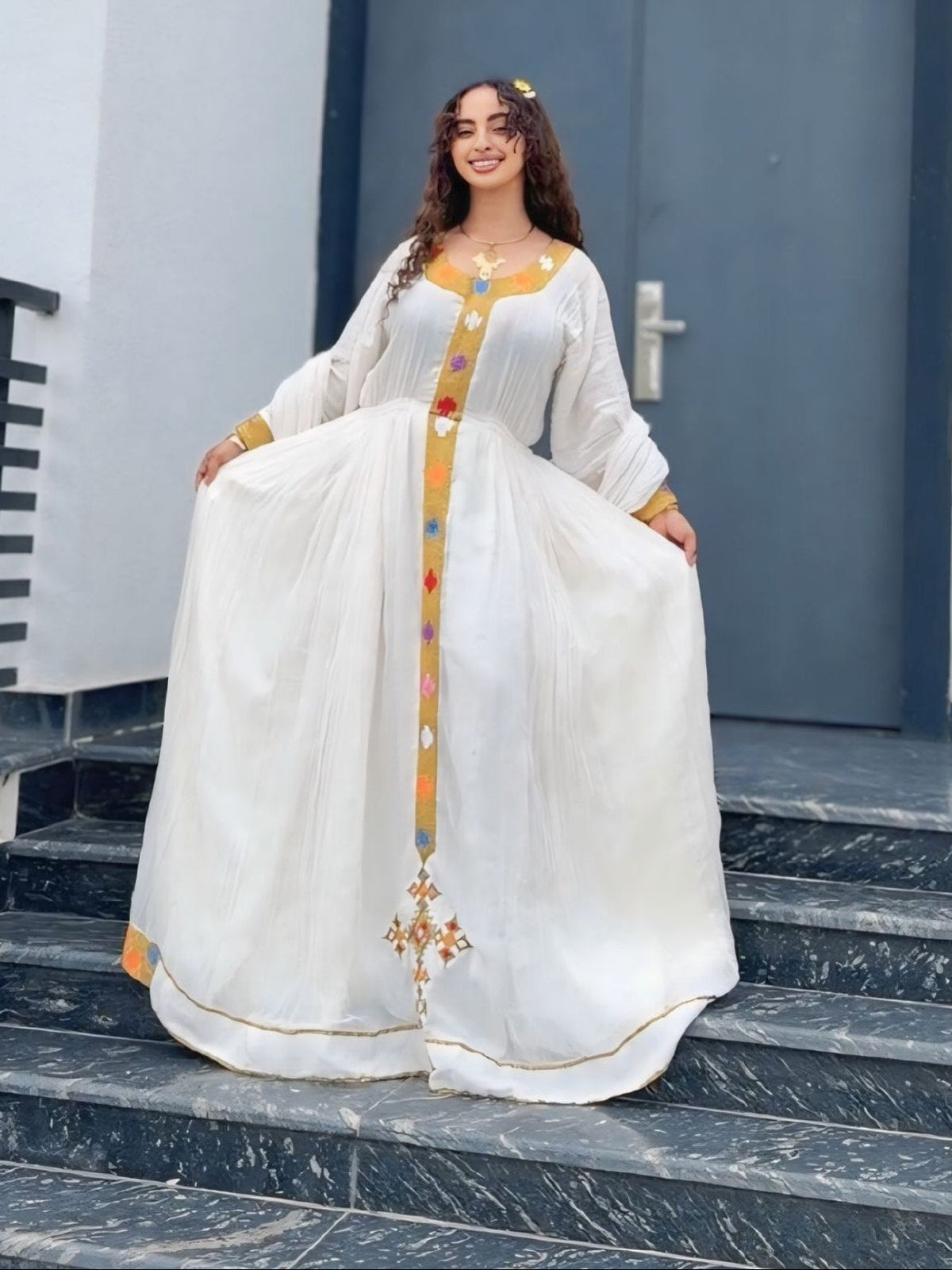 Royal Mustard Yellow & Gold Long-Sleeve Habesha Dress Central Cross Tapestry Column Ethiopian traditional dress 1329