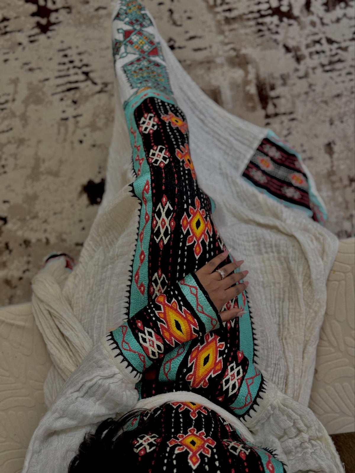 Ethiopian traditional dress Black, Turquoise & Amber Geometric Long-Sleeve Gown Central Cross Ethiopian dress 1326