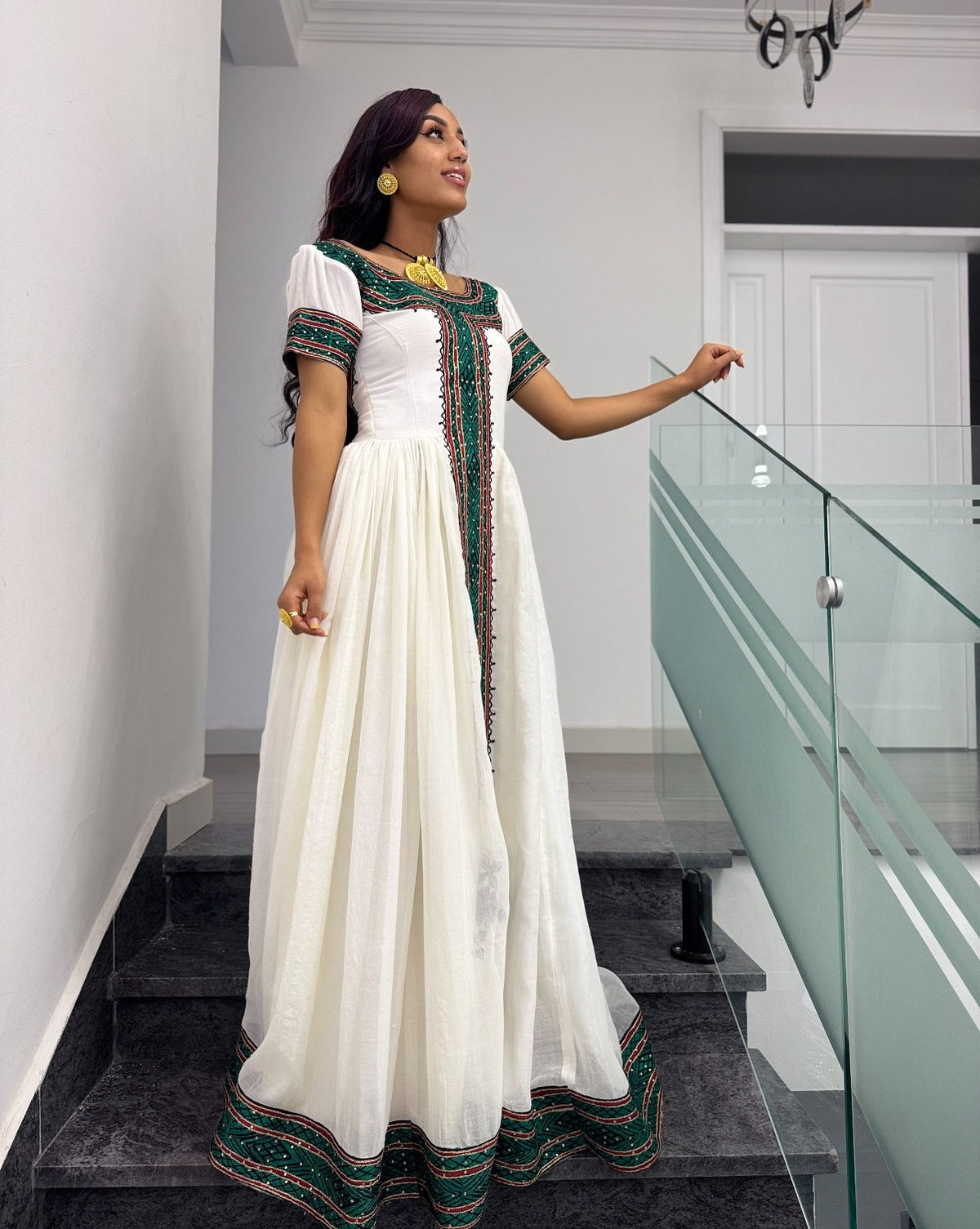 Ethiopian dress With Emerald Green & Burgundy Geometric Short-Sleeve Habesha Kemis Charming 1339