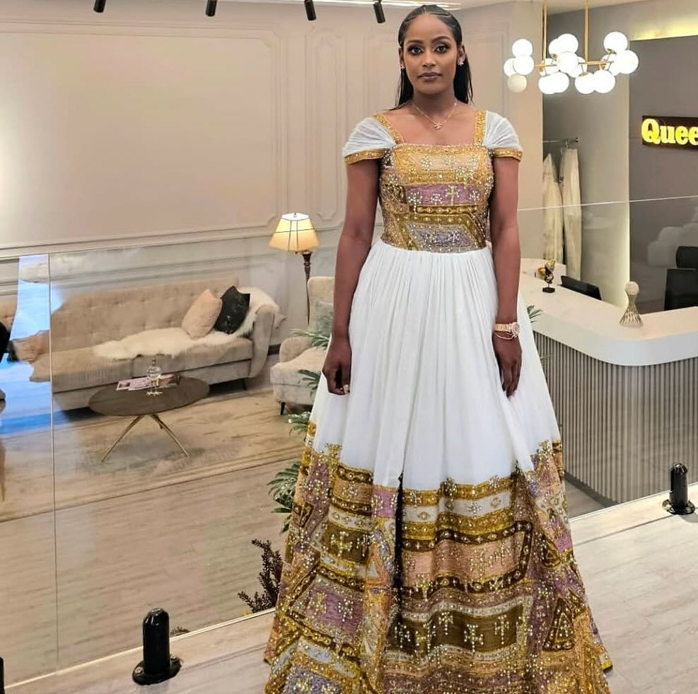 Royal Gold Bridal Habesha Kemis Handcrafted Traditional Ethiopian Wedding Dress & Elegant Eritrean Dress 1347