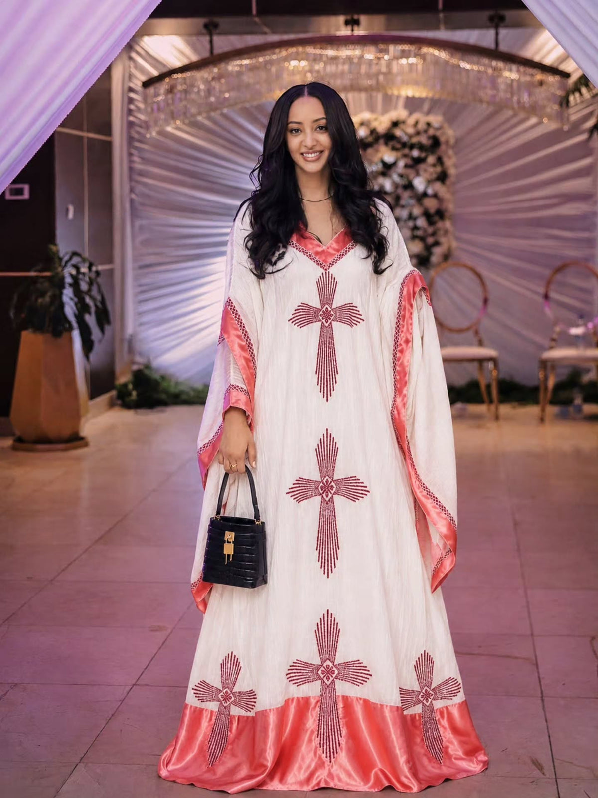 Order AI-Generated Habesha Kemis Online | Coral & White Ethiopian Traditional Dress